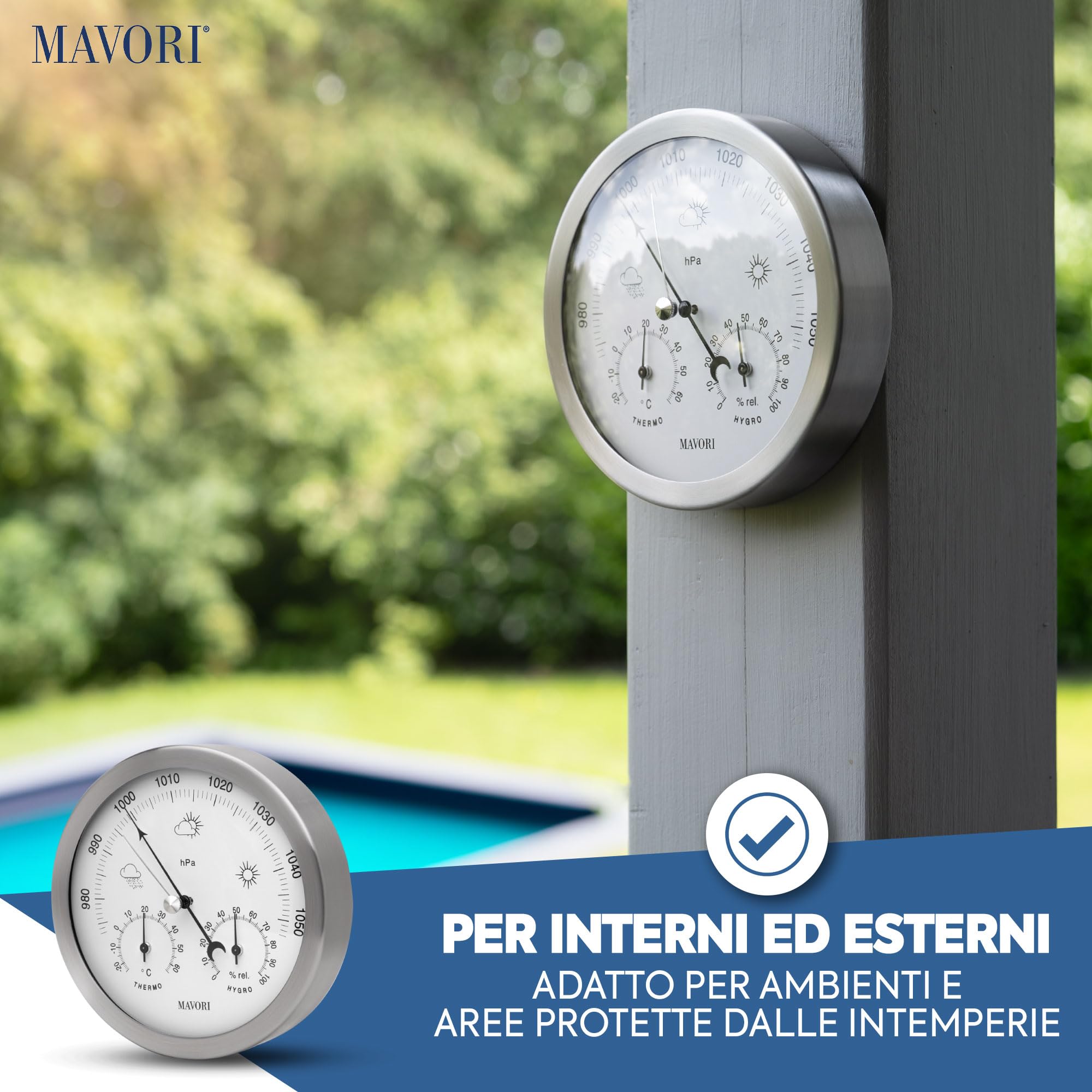 Stazione meteo analogica - Barometro, Igrometro e Termometro 3in1 per interni ed esterni - barometro analogico in acciaio inox Ø 13,5cm con vetro acrilico dal design moderno