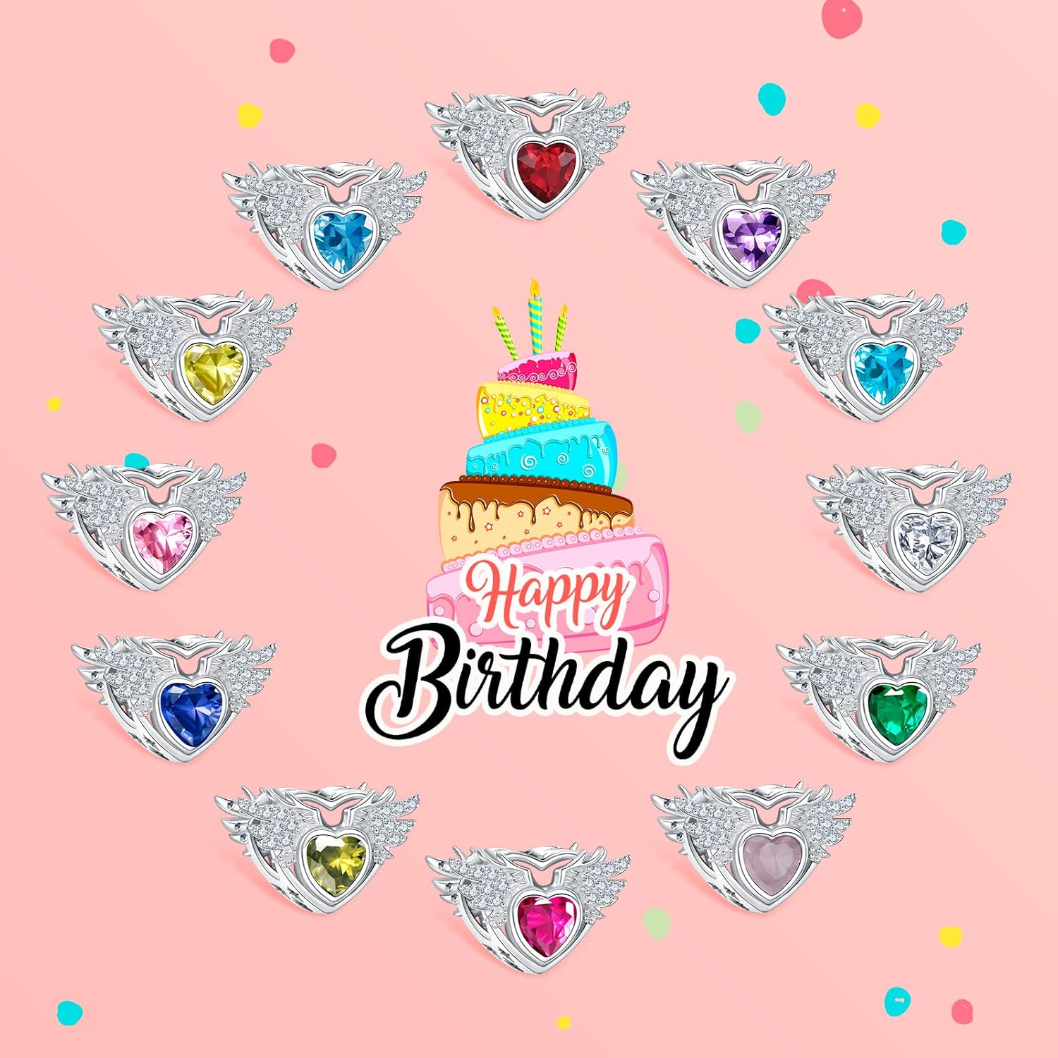 NINGAN Birthstone Charms for Charms Bracelet, Angel Wings 925 Sterling Silver Love Heart Bead Pendant Birthday Christmas Jewelry Gift for Women - Image 5