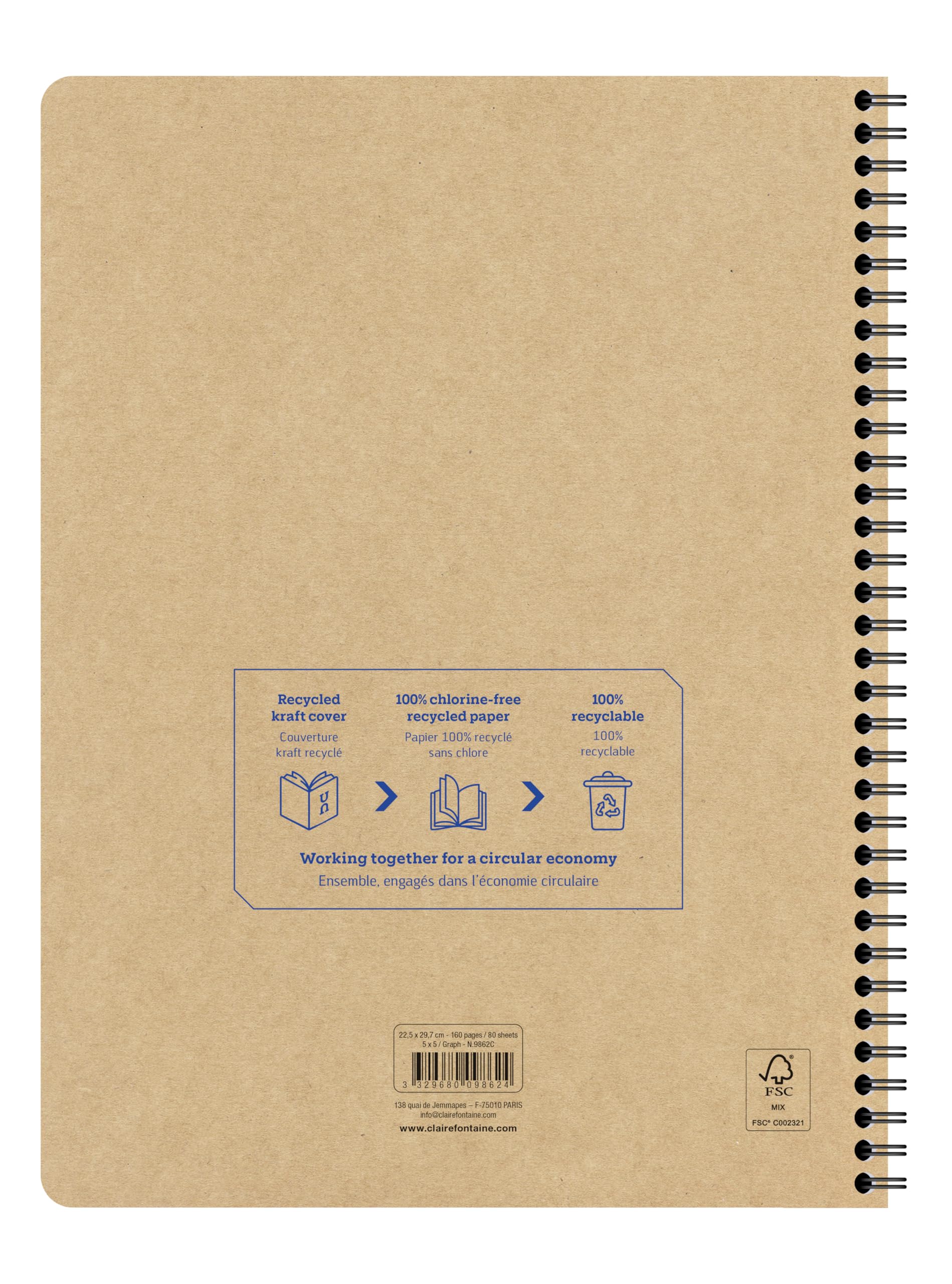 Clairefontaine 9862Cpack Lot 5 cahier spirale Uninotes recyclé A4 160p
