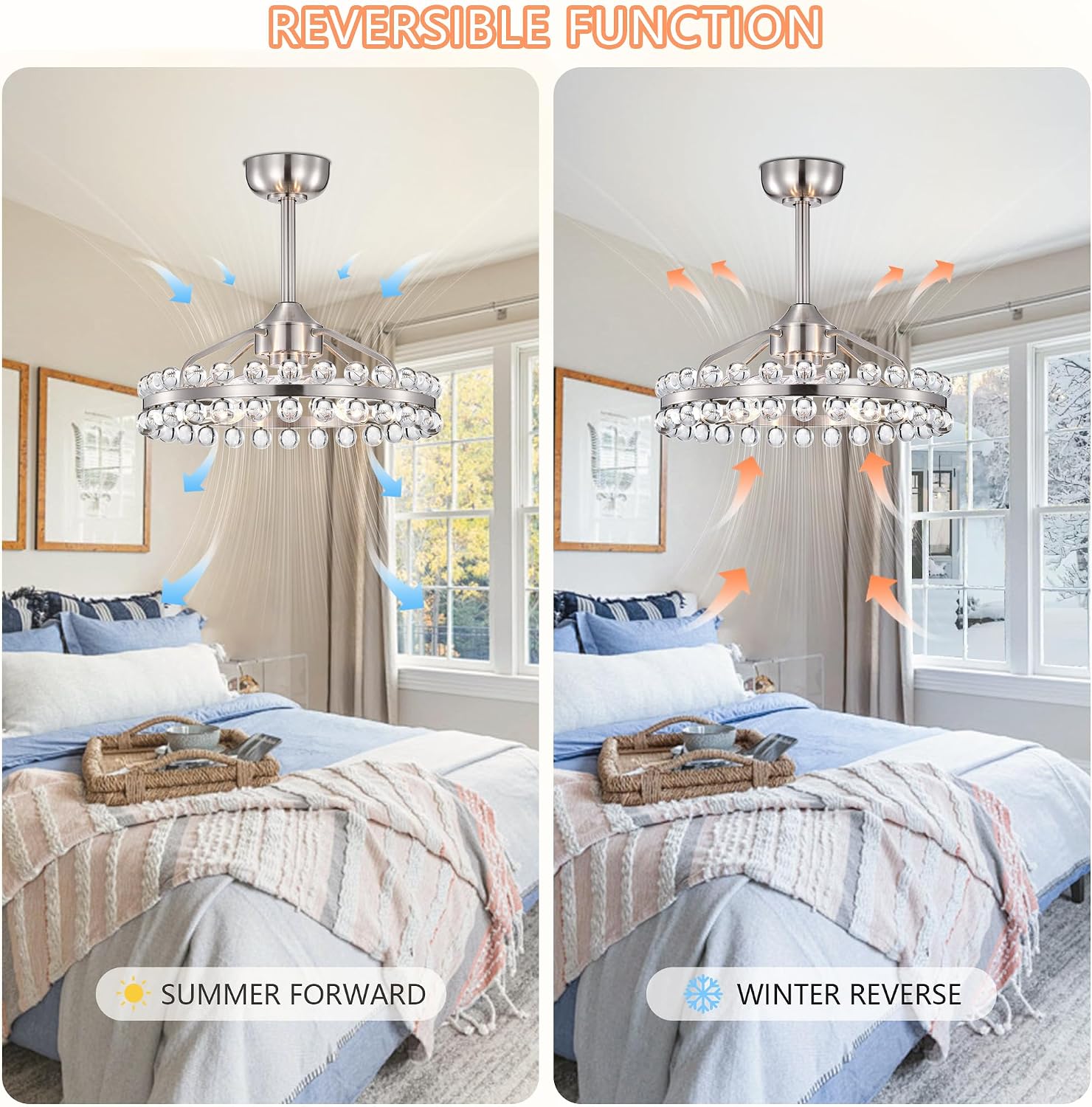 Maxax 21" Crystal Ceiling Fans with Lights and Remote,Modern Caged Ceiling Fan with Light,Nickel Flush Mount Ceiling Fan with Reversible 7 Blades 6 Speeds for Bedroom Dining Room Kitchen