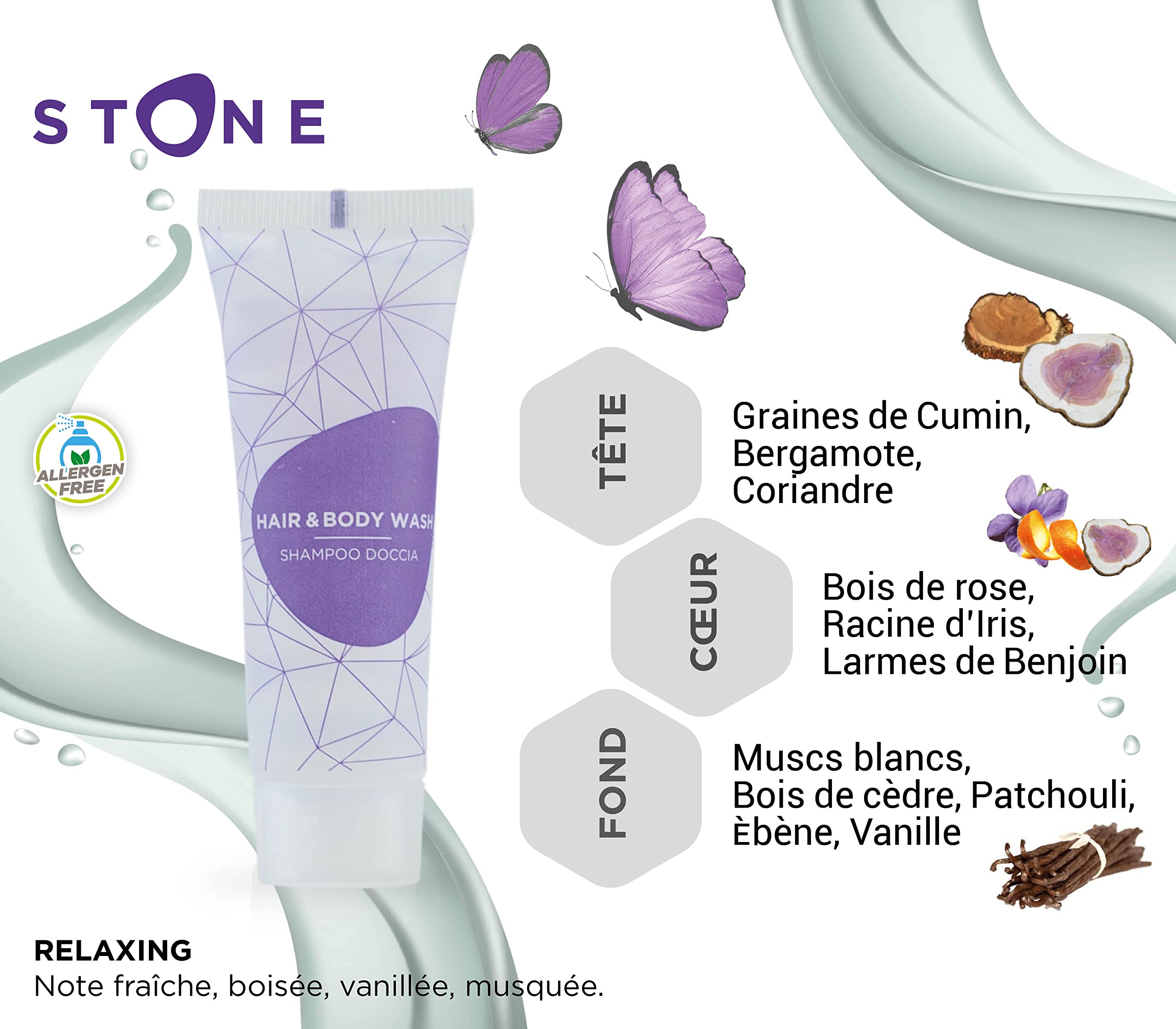 PRESENT-MORE - Shampooing Douche Monodose 30ml Stone - Paquet de 125 Pièces - Shampooing Douche Sans Allergènes - Parfum Relaxing - Idéal pour Hôtels et B&B