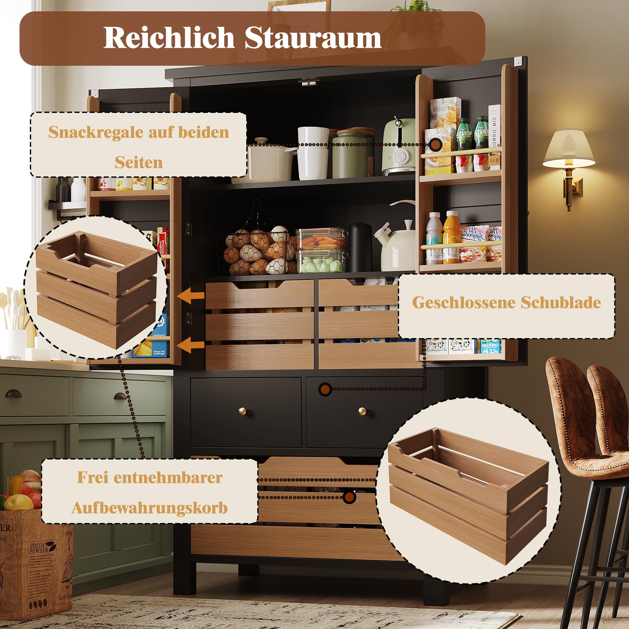 Kebnor Mobiletto da Cucina (80x40x140cm), credenza da cucina alta, credenza multiuso, mobiletto per snack, mobile di stoccaggio con due ante e cinque cassetti (nero)