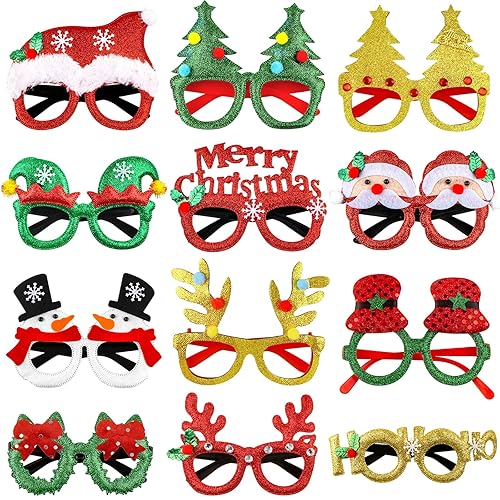 Yunfan 12pcs Christmas Glasses Glitter Party Glasses Frames Xmas Costume Eyeglasses for Cosplay Party Favor Photo Booth (One Size Fits All)