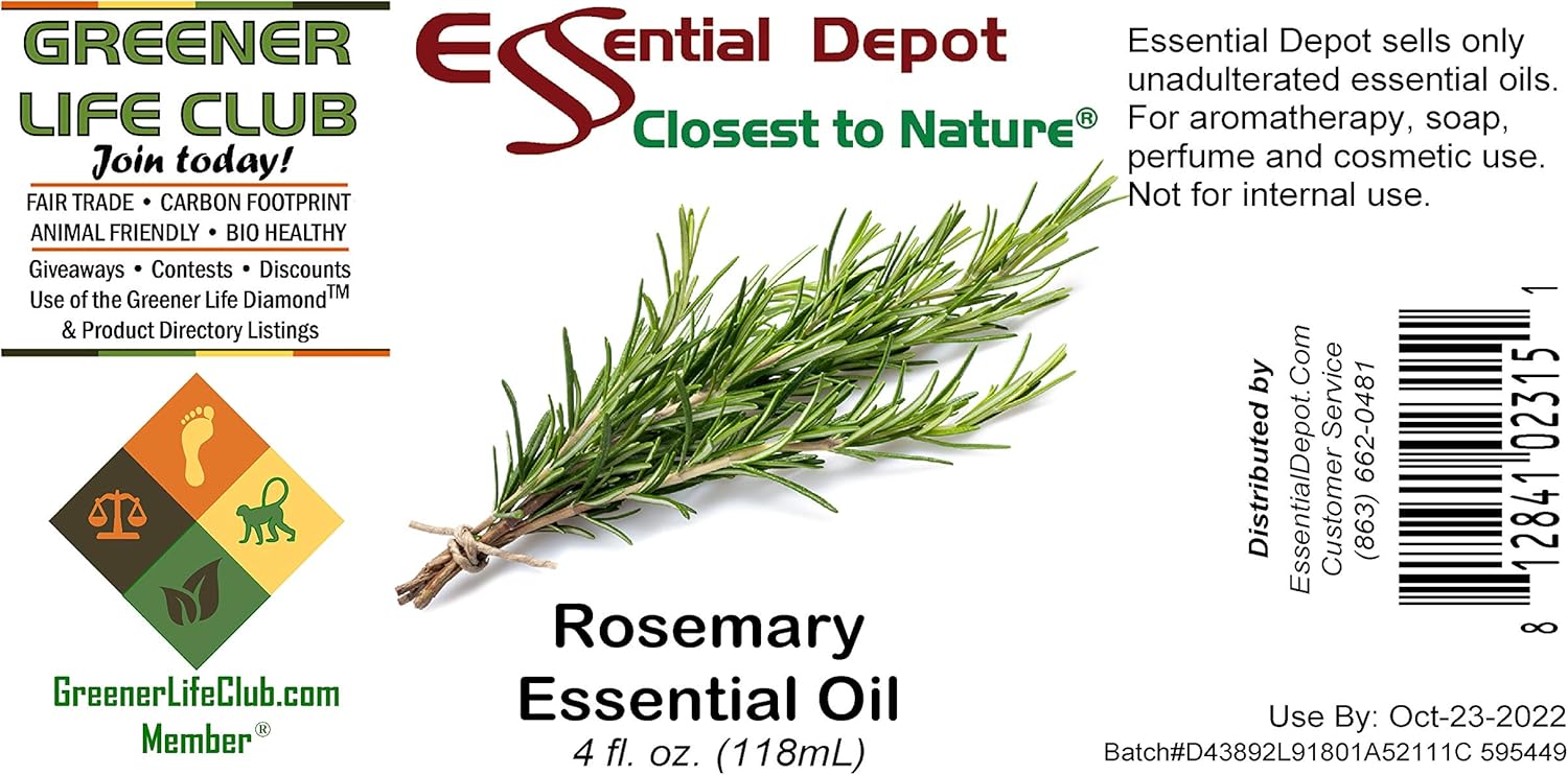 Essential Depot Rosemary Essential Oil - GC/MS Tested - Supplied in 4 oz. Amber Glass Bottle with Black Phenolic Cone Lined and Safety Sealed Cap
