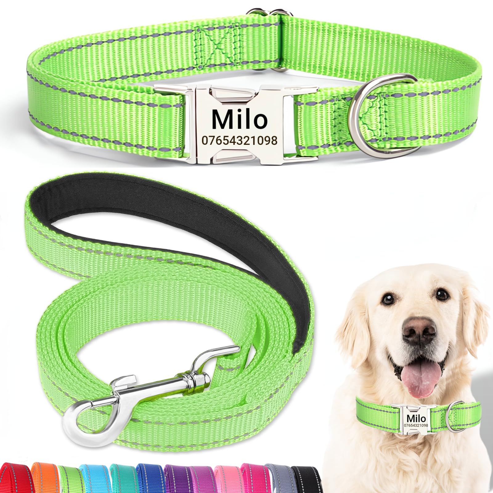 SEOUGEE Personalised Dog Collar and Lead Set with Engraved Metal Buckle, Reflective Nylon Dog Collars and Leash for Large Dogs with Custom Name Plate Phone Number (Green Set, L:Neck 40-60cm)