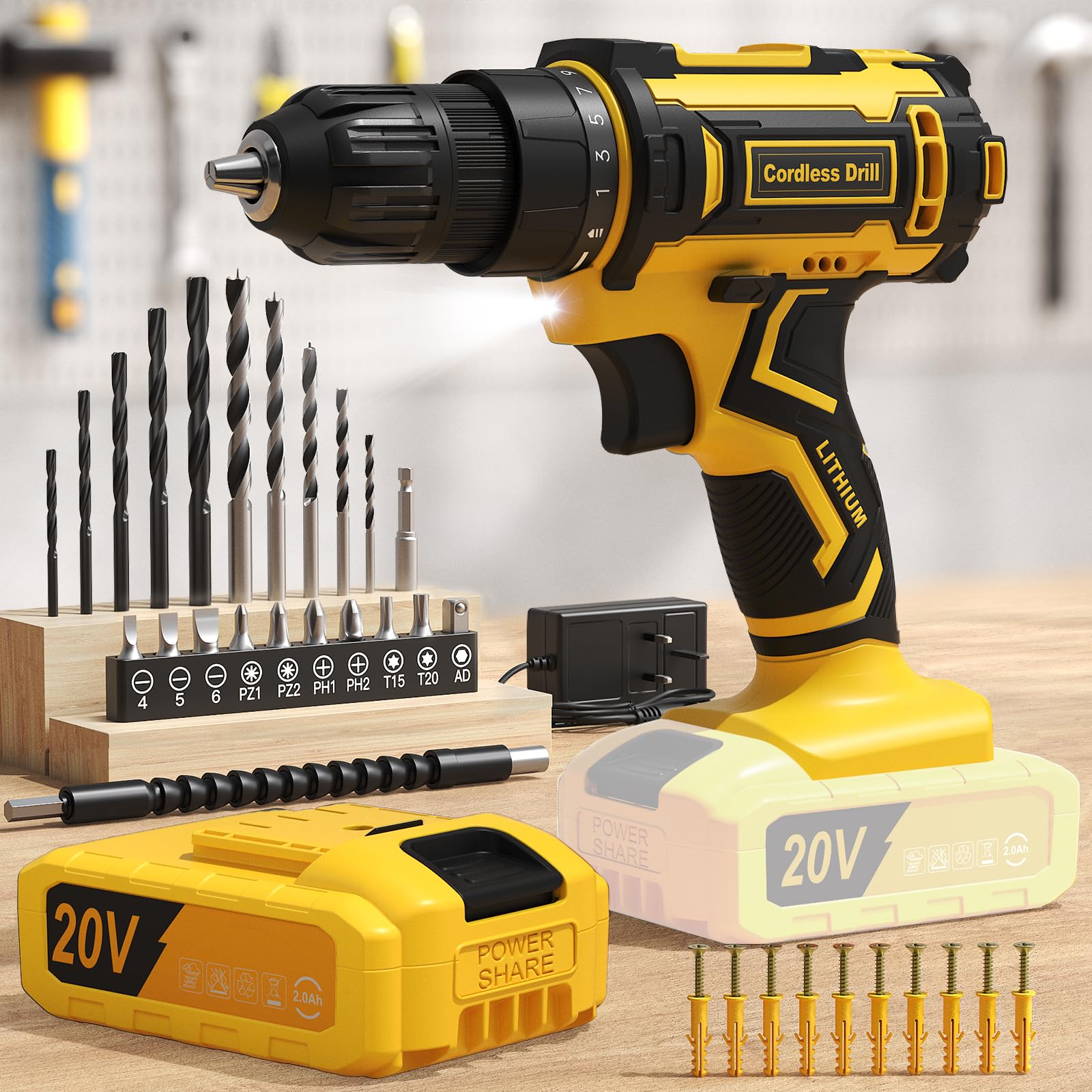 Cordless Drill, 20V Power Drill Set with 25+1 Max 370 in-lb Torque, Electric Combi Drills and Screwdriver Set, 3/8" Keyless Chuck, 42Pcs Bits, 2000mAh Battery Drills Driver Tools for Home Repair DIY