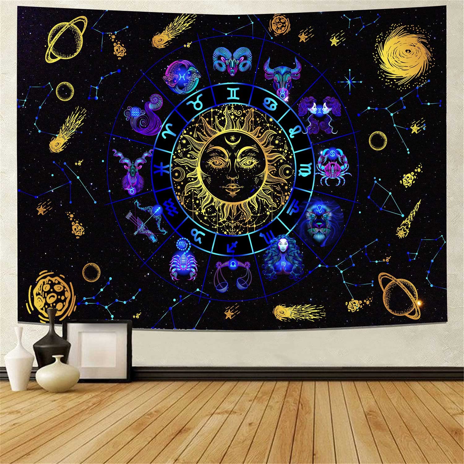 WONDERFUL MEMORIES Trippy Sun and Moon Tapestry Constellation Tapestry Zodiac Astrology Tapestry Wall Hanging for Bedroom (59.1 x 82.7 in)