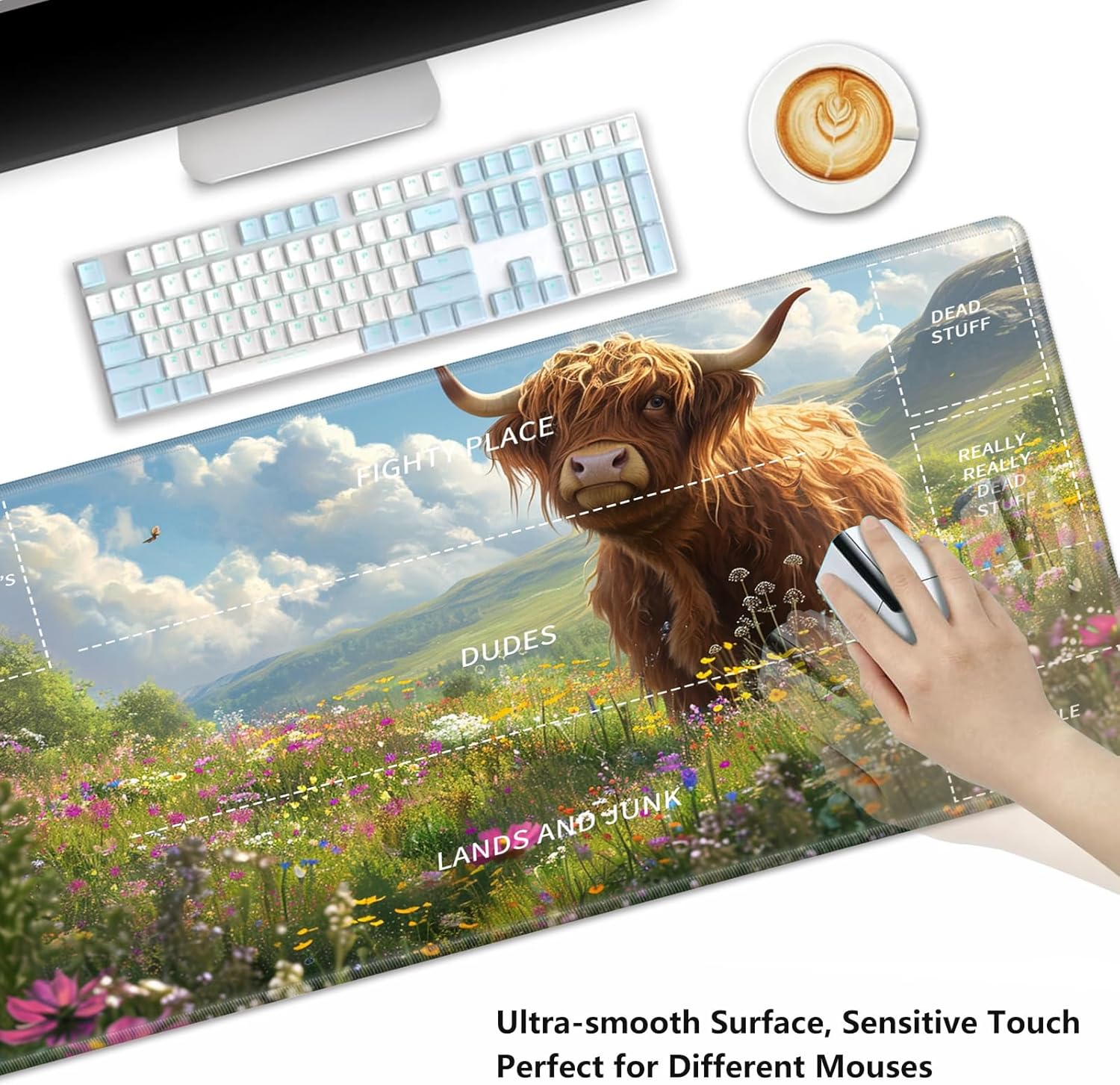 Playmat for MTG,Card Playmat Stitched with Zones for MTG Card Game Playing, TCG and Board Game Mat for Cards,Mousepad Desk Mats,Game Mat 24 x 14 inches-Lovely Highland Cow