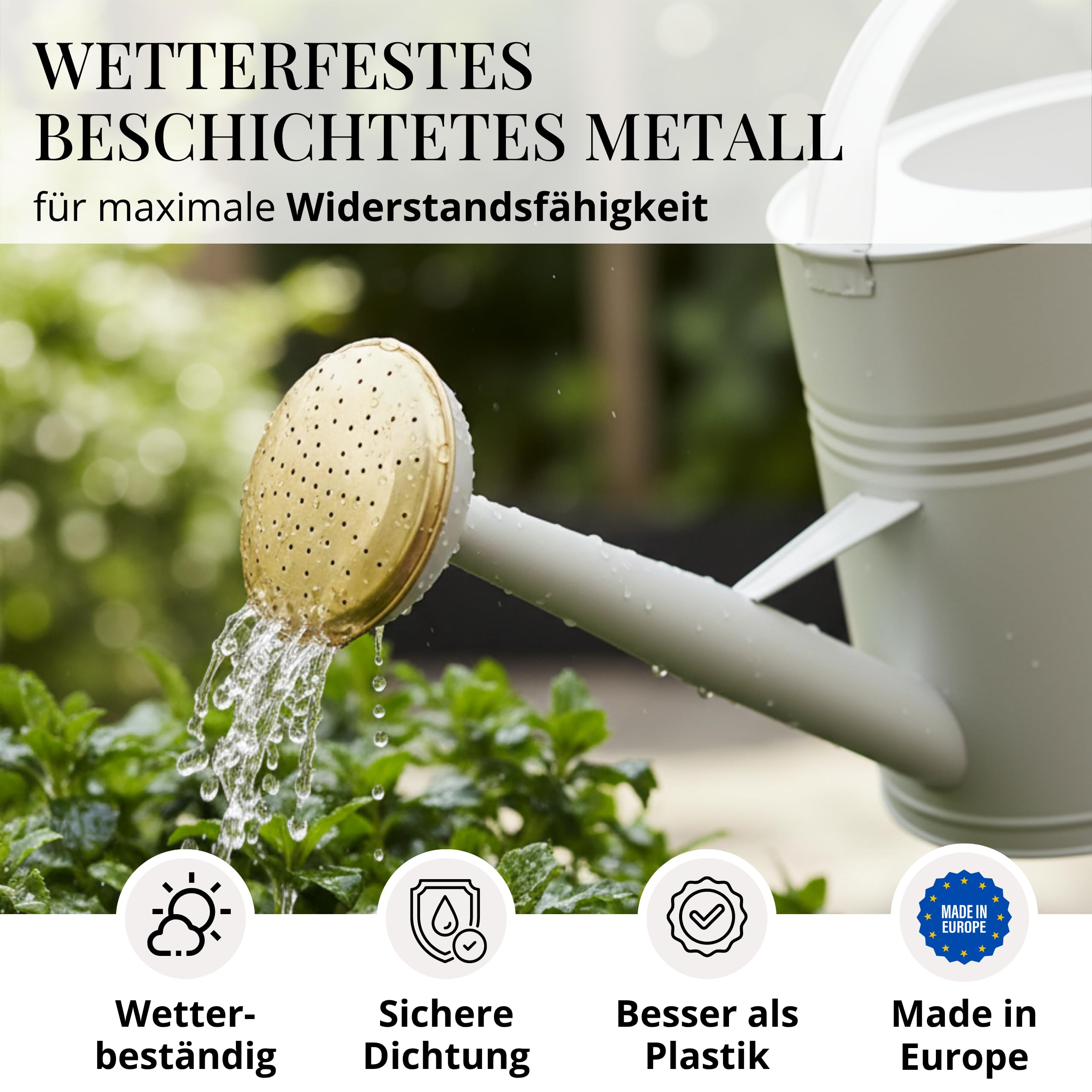 LIVLIG Gießkanne 5 Liter, Blumengießkanne für Garten & Balkon, Hochwertige Metallgießkanne 5L aus verzinktem Metall und Abnehmbarer Brause, Gießkanne Retro mit Messingbrause, Greige