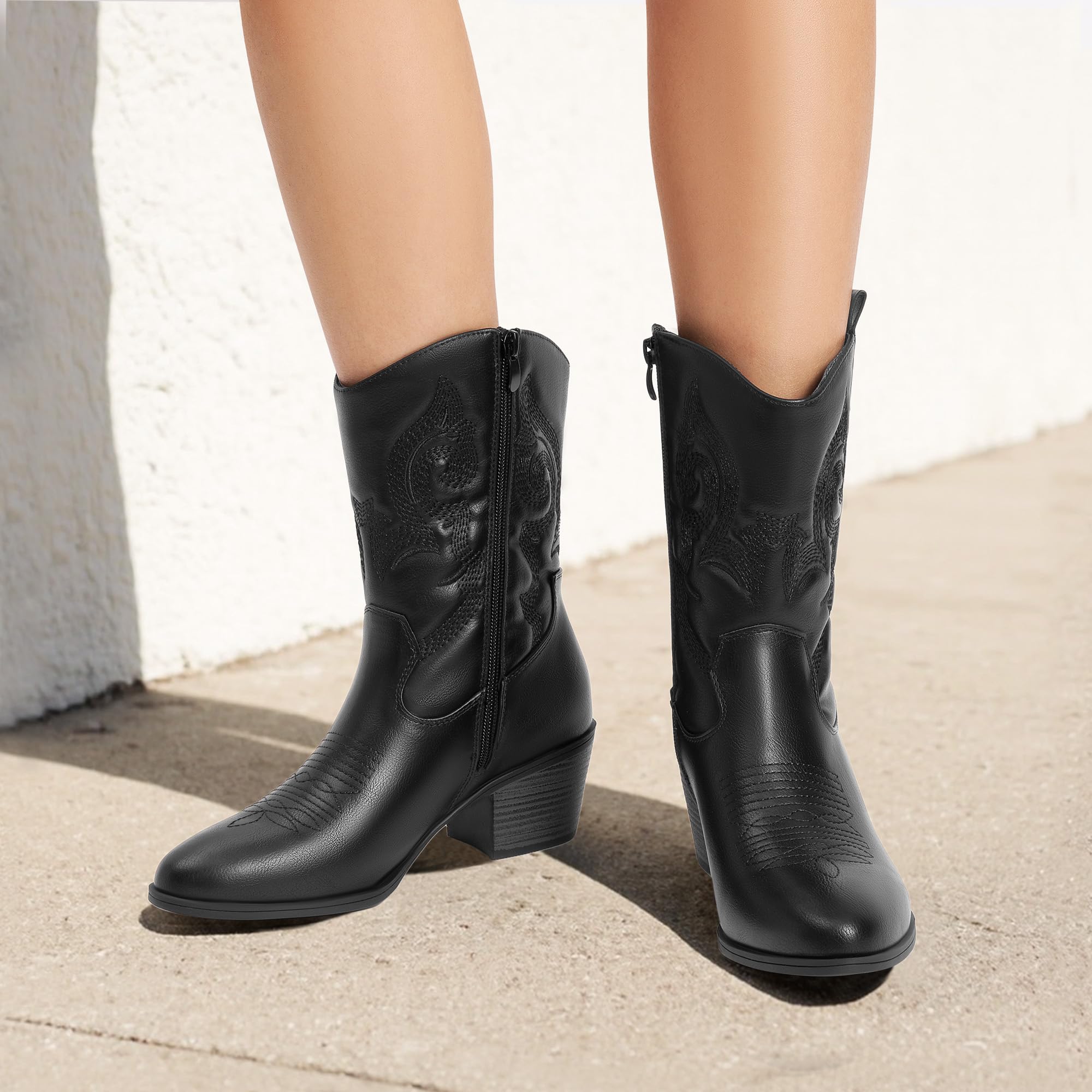 DREAM PAIRS Botas Vaqueras para Mujer, Botas Vaqueras de Media Caña con Bordado, Punta Redonda, Tacón Bajo Grueso Estilo Western