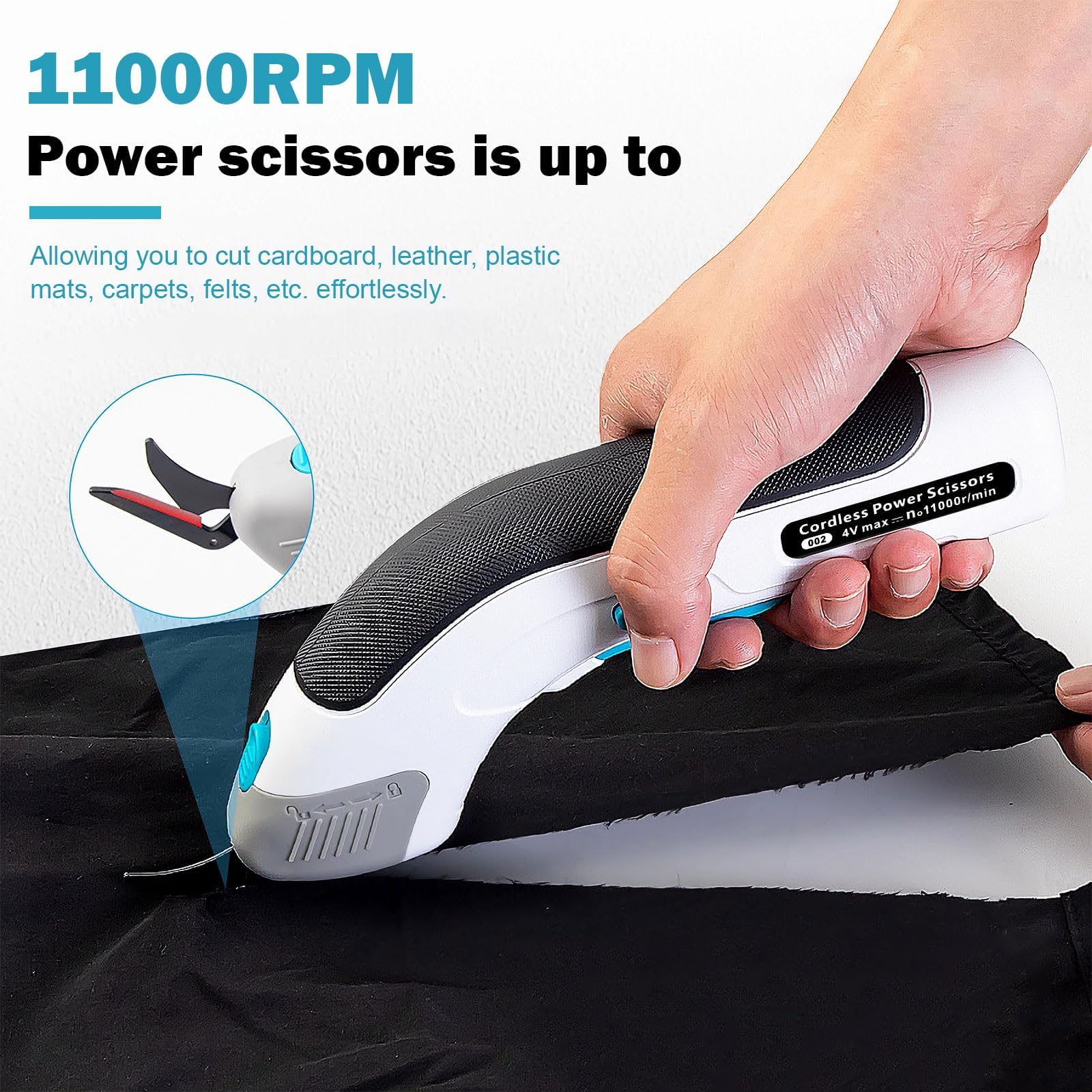VOBOR Ciseaux Electrique Tissu Couture, Sans Fil USB Rechargeable, Têtes de Coupe en Acier Tungstène, 2000 Mah Lithium Batterie, Cutter pour Papier Carton Moquette Cuir Feutre