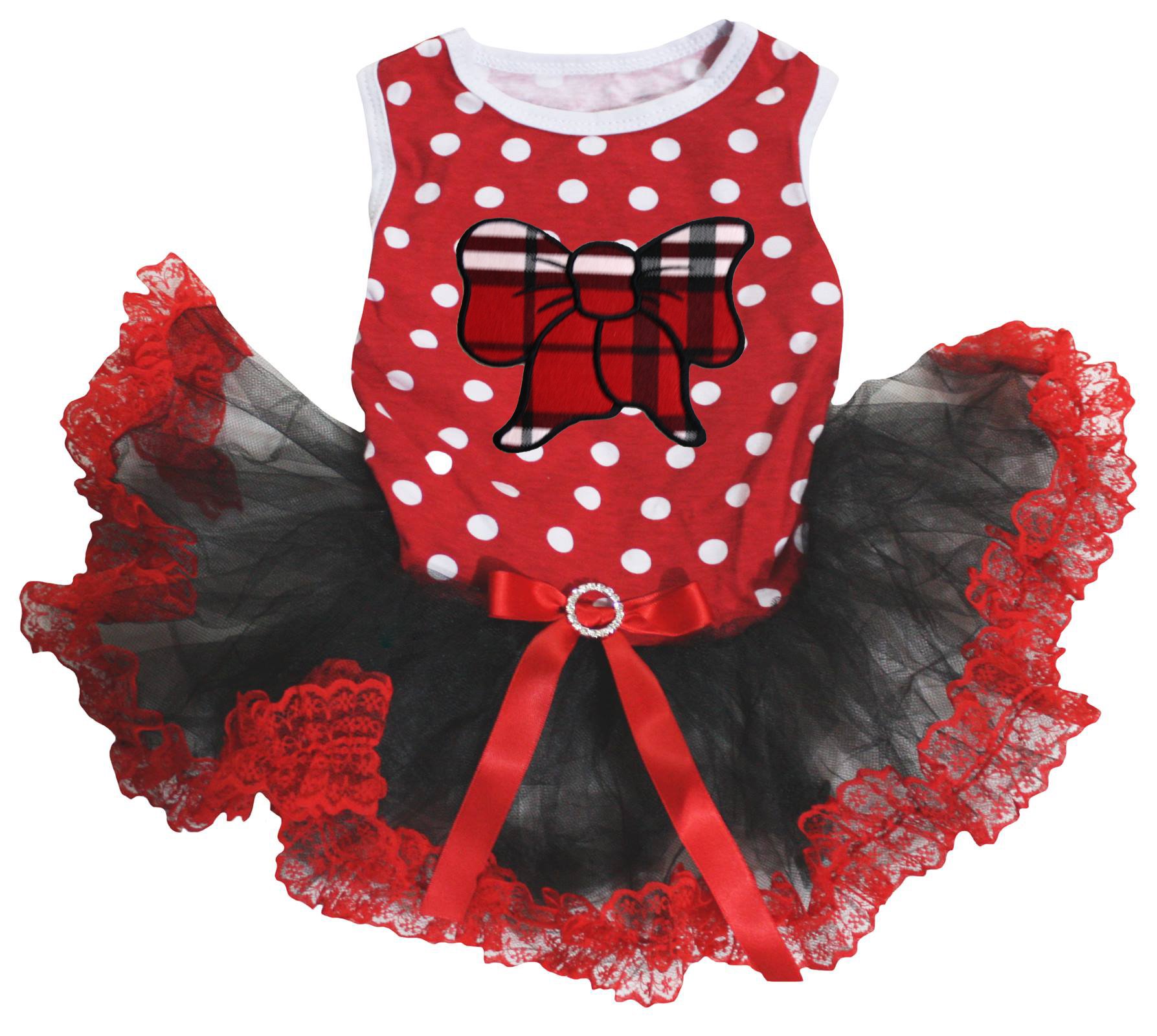 Robe plaid pour chiot et petit chien avec nœud rouge et tutu en dentelle