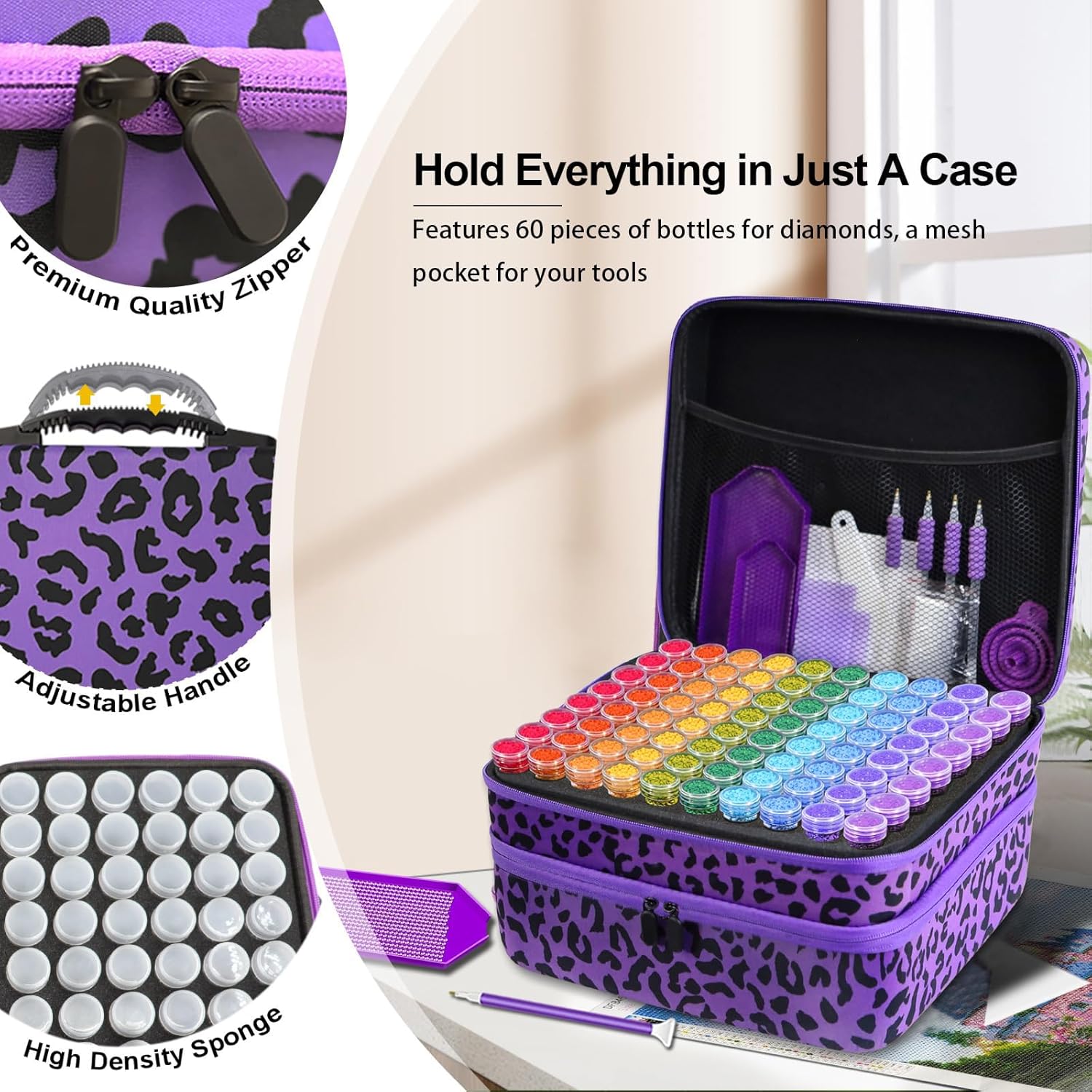 CAIOVSE Diamond Painting Storage Containers, 240 Slots Diamond Painting Accessories Kits Diamond Art Accessories and Tools for Craft Jewelry Rhinestones Bead Organizer (Leopard Print)