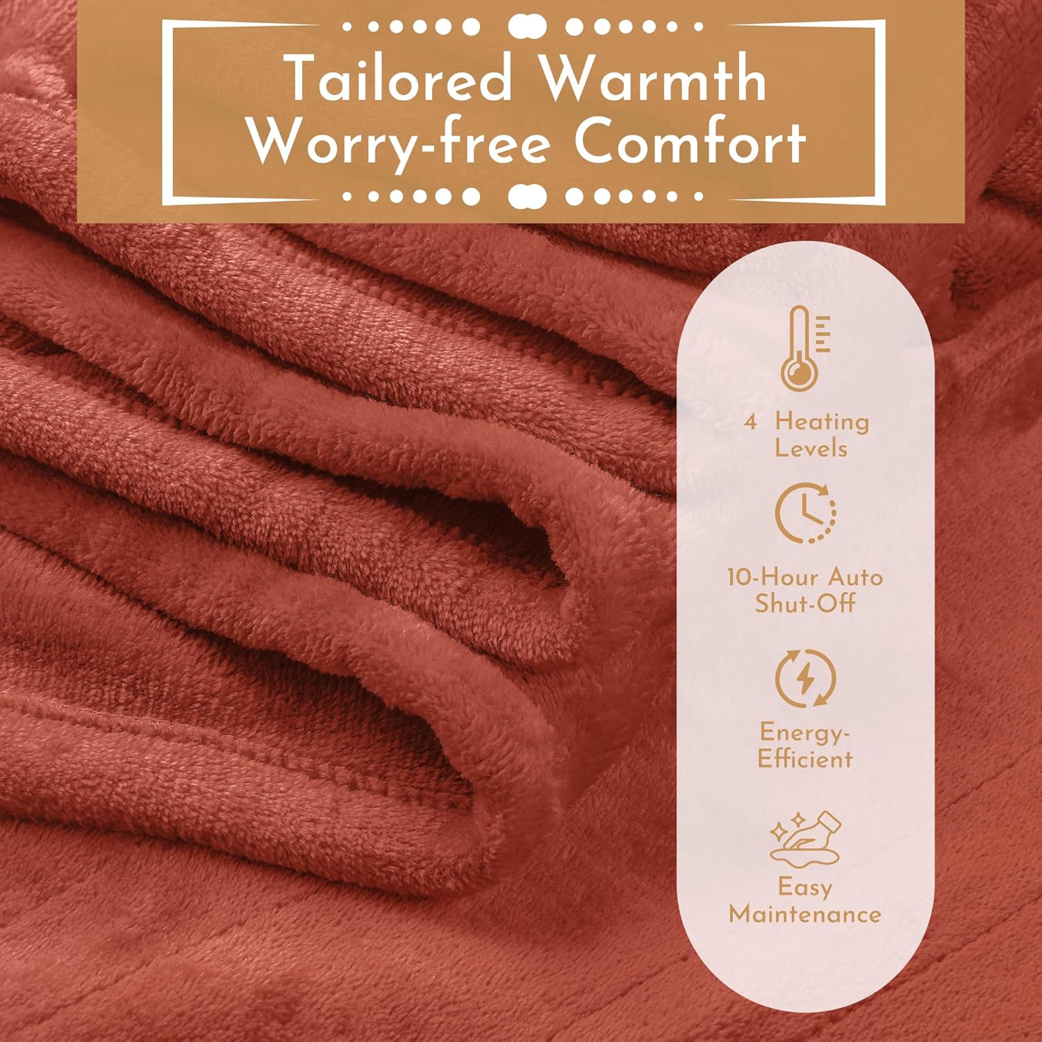 Electric Heated Blanket 72"x84" Full Size Flannel Heated Blanket, Cozy & Warm for All Night, 5 Heat Settings & 10 Hours Auto Off, Machine Washable, Brick Red - Image 8