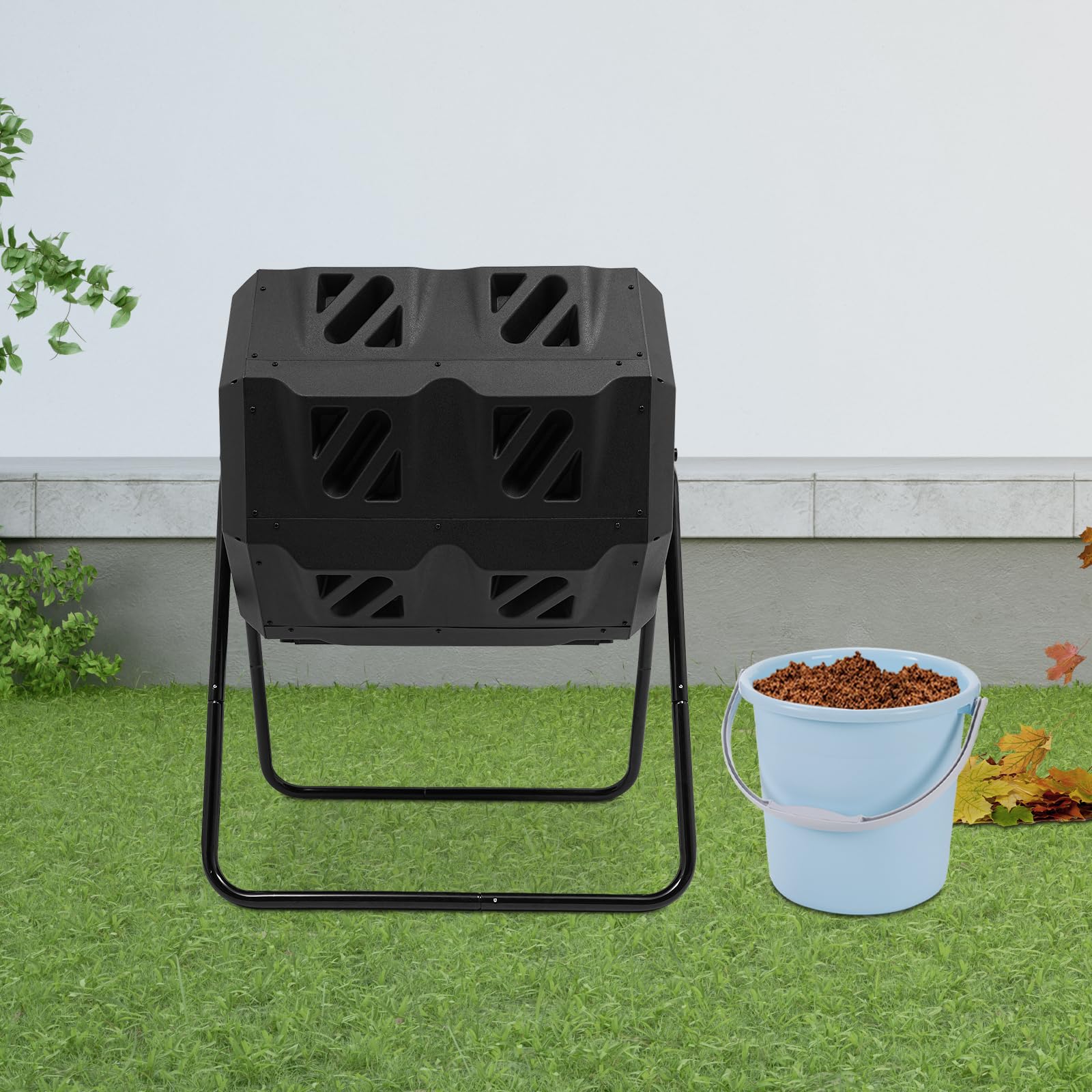 Kompostownik z podwójną komorą, obrotowy pojemnik na kompost, 160 l, kompostownik kuchenny, kompostownik na odpady kuchenne i rośliny, 70 x 60 x 93 cm