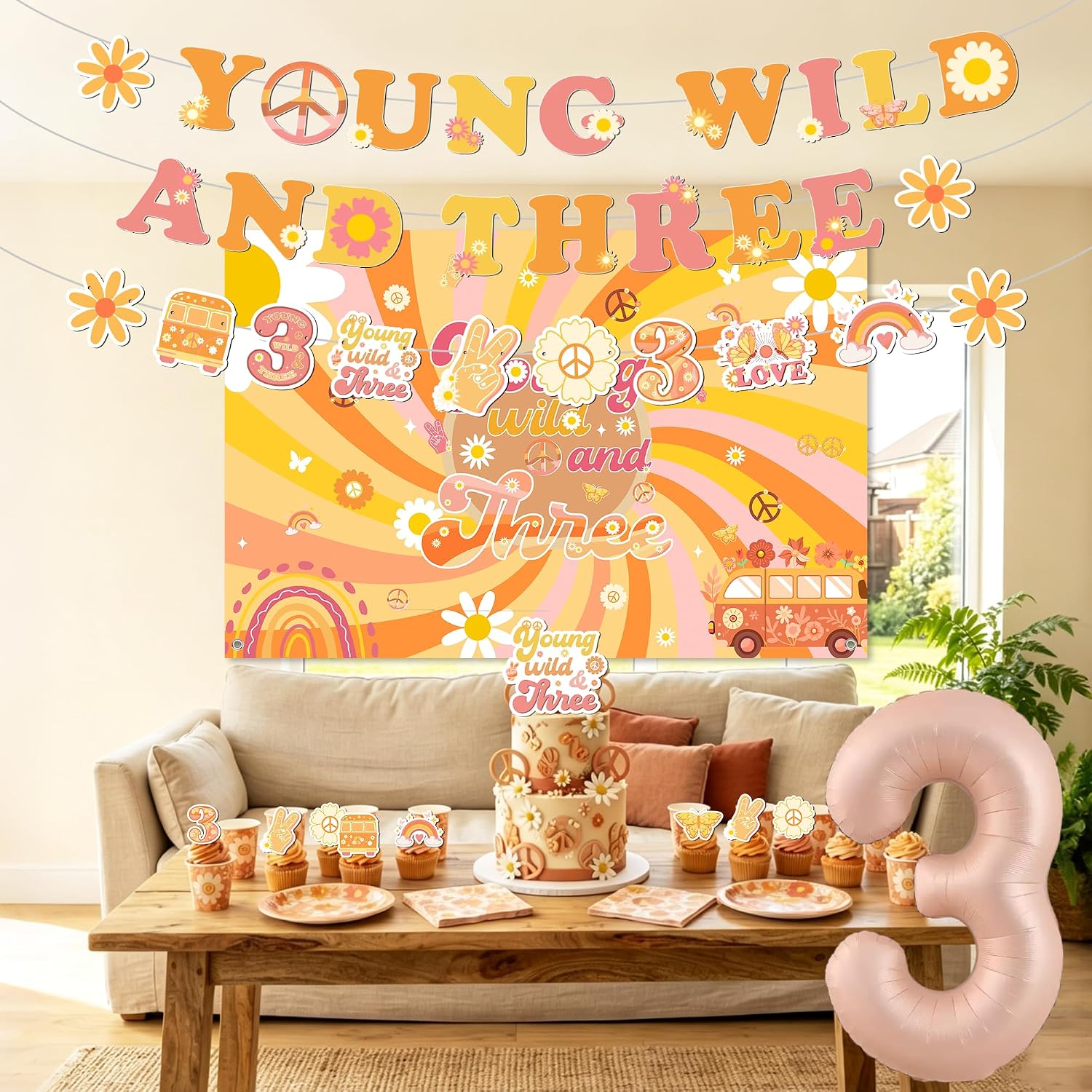 Young Wild and Three Decorations for Girls, Groovy Daisy 3rd Birthday Decor image 4