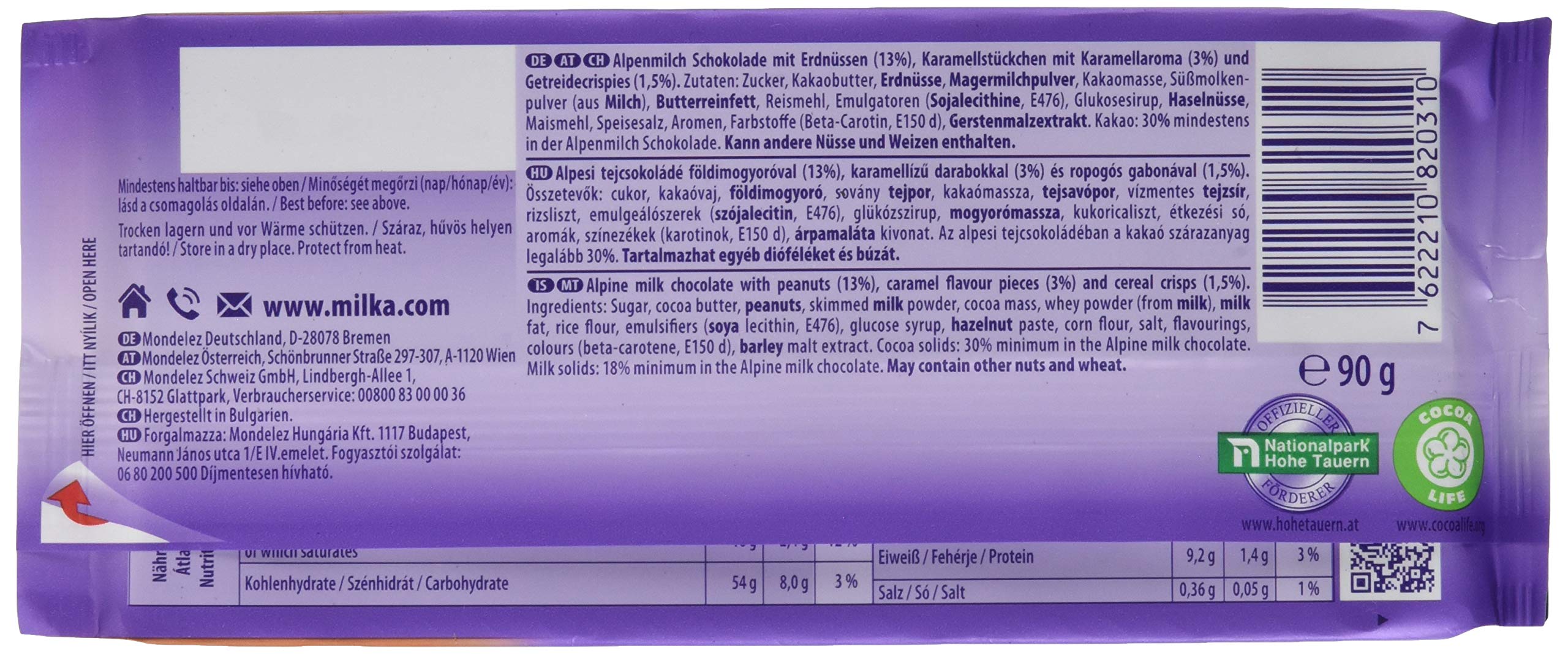 Milka Peanut Crisp – Zartschmelzende Schokolade mit Erdnüssen, Karamellstücken und Cornflakes – 24 x 90 g