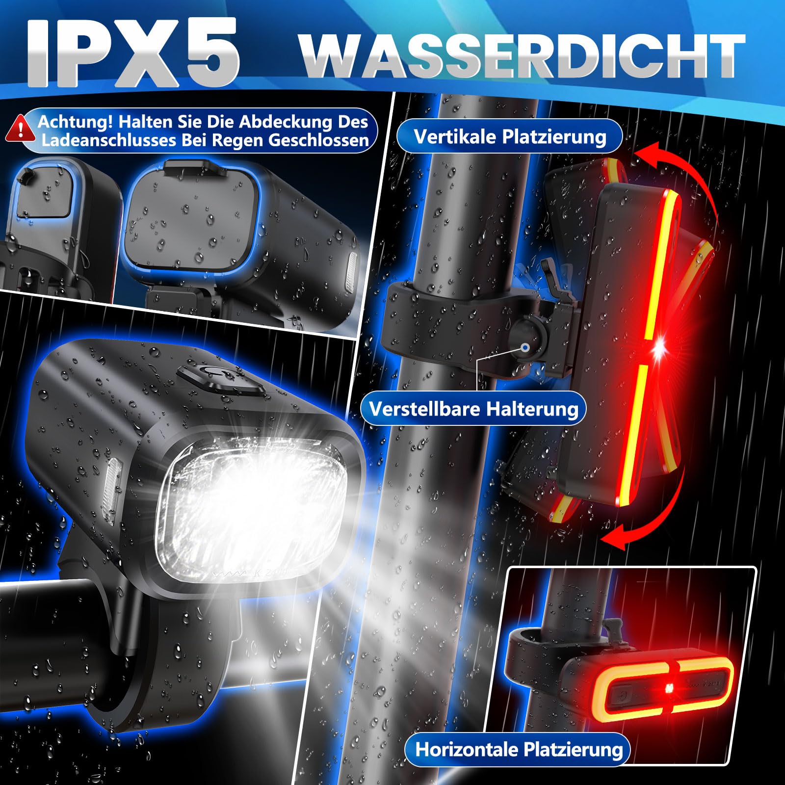 Set di luci per bicicletta con funzione di lampeggiamento del freno, omologato StVZO, luce della ruota a LED per bicicletta, IPX5, impermeabile, luce anteriore e posteriore, luce per bicicletta
