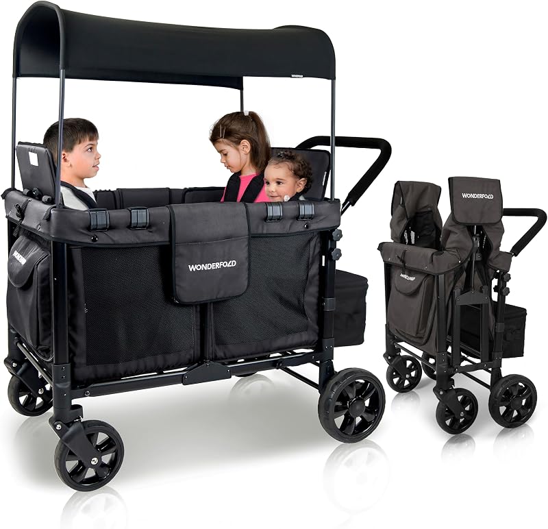 WonderFold W4 Original Stroller Wagon, 4 Seater, Black | Foldable Wagon with an Adjustable Canopy & Deep Carriage, All-Terrain Wheels & 5-Point Harnesses for Babies, Toddlers & Kids