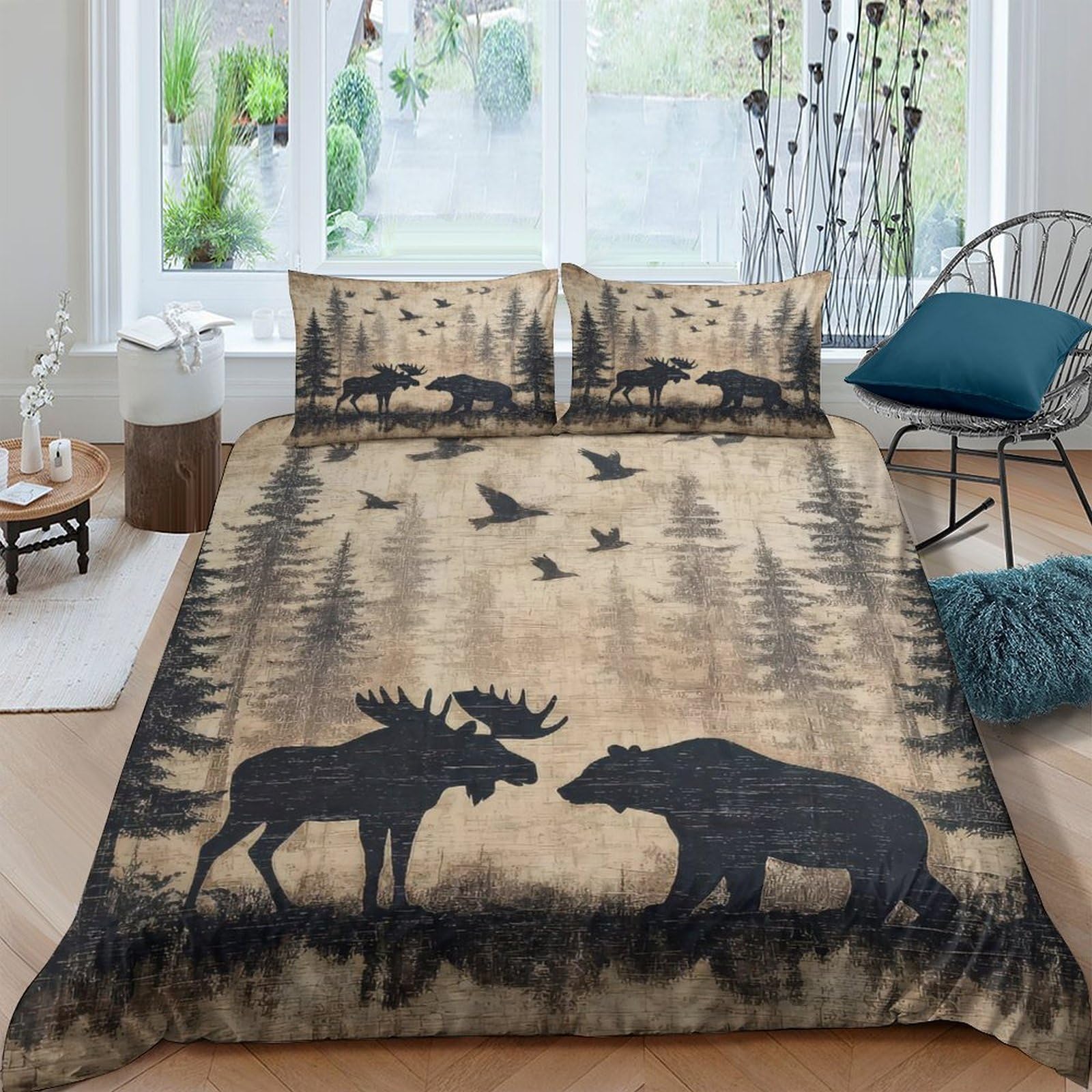 GPLZQXKJNH 3D Printed Forest Moose Duvet Cover Microfiber Breathable Bear Bedding Set with 2 Pillowcases for Bedroom Decor Single（135x200cm）
