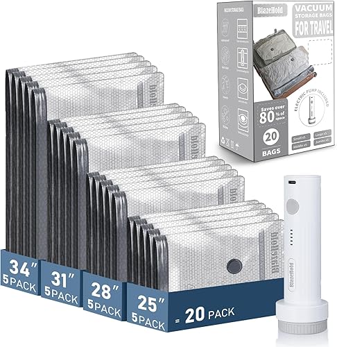 Paquete de 20 bolsas de almacenamiento al vacío de viaje con bomba eléctrica recargable, bolsa de sellado de embalaje de compresión para equipaje, 5