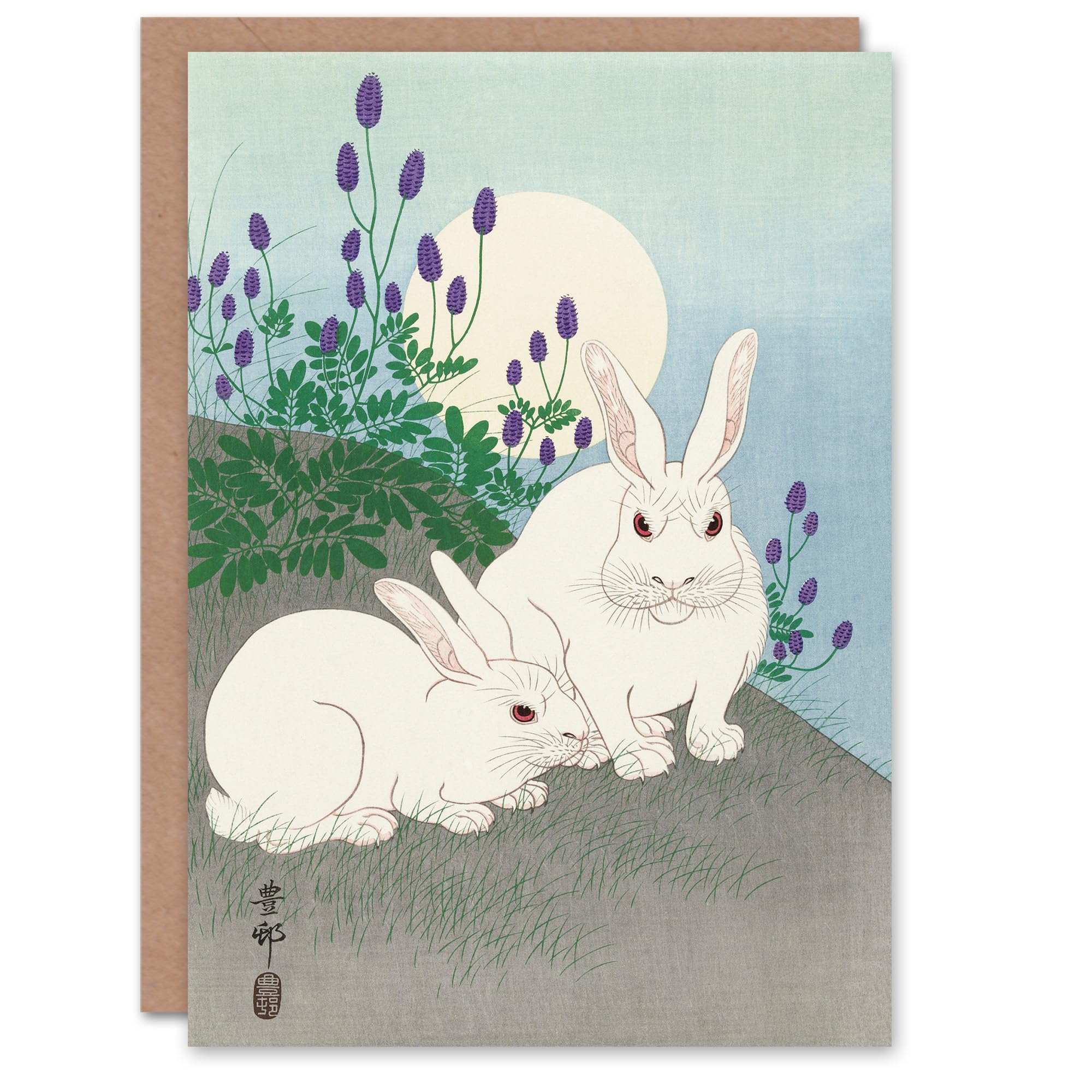 Artery8 Ohara Koson Japanese Art Card Two Rabbits At Full Moon
