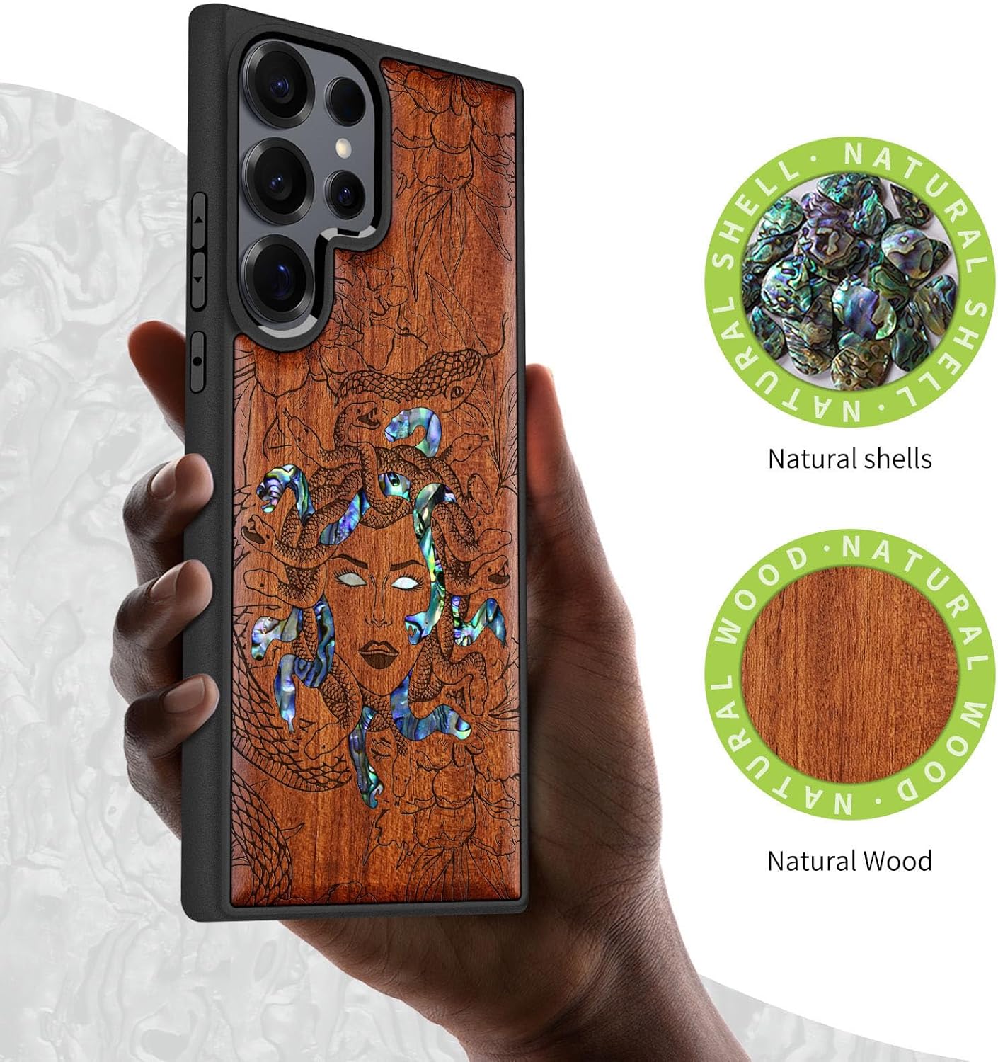 Carveit Magnetic Wooden Case for Samsung Galaxy S25 Ultra Case, Wood Artisan Engraved & Handmade Shell Inlaid, Compatible with MagSafe Wireless Chargers (The Medusa Enigma) Rosy