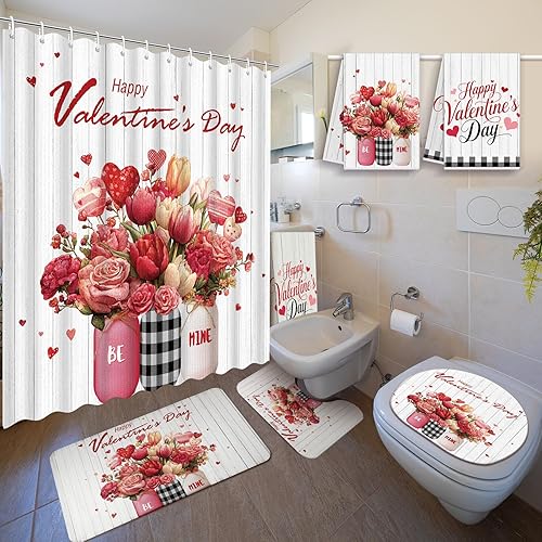 Vista 13 de Nuanchu Juego de 6 Piezas de Cortina de Ducha del Día de San Patricio con Alfombra, Juegos de Baño de Trébol Verde con Cortina de Ducha, Tapete