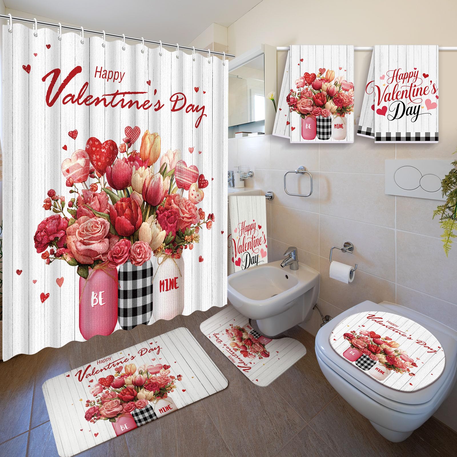 Nuanchu 6 Pcs Valentine's Day Shower Curtain Bathroom Set with Bath Mat U Shaped Mat Toilet Cover 2 Bath Towels and 12 Hooks Bathroom Romantic Decor Set, 71 x 71 Inch (Passionate Red)