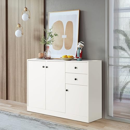 Miniatura 2 de Armario de almacenamiento con cajones, aparador blanco con puertas y estantes ajustables, gabinete de acento moderno, gabinete de piso grande para