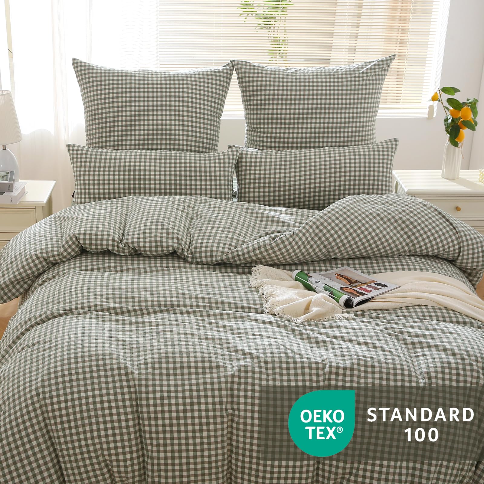 SOULFUL - Funda de edredón de 240 x 260 cm, algodón con 2 fundas de almohada de 65 x 65 cm, 100% algodón lavado, certificado Öeko-Tex, verde juego de cama de 2 personas, 240 x 260 adultos algodón con