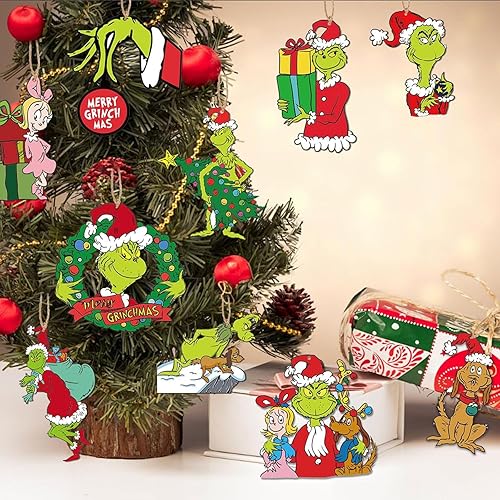 Miniatura 2 de Adornos colgantes de Navidad, decoración de árbol de Navidad, 24 piezas de monstruo verde, adornos de madera de Navidad, adornos decorativos de