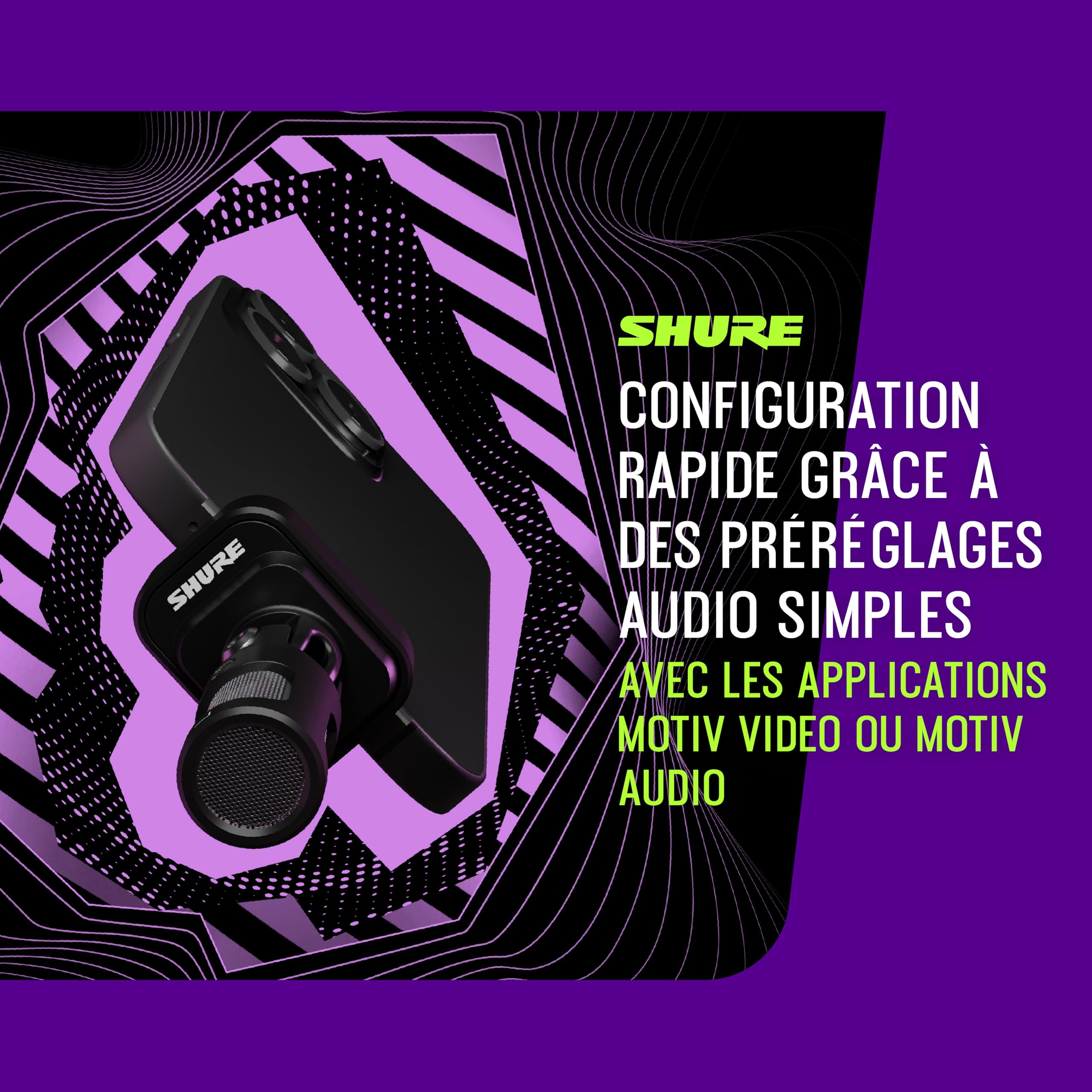 Shure MV88 USB-C Micro, pour iPhone et Android, Microphone d’Enregistrement et Vlogging avec Niveau Automatique, Réduction de Bruit en Temps Réel, 4 Directivités – Noir