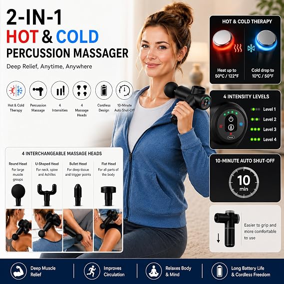 Carepeutic Handheld Percussion Massager with Heat/Cold, 4 Massage Nodes | Percussion Massager with Heat & Cold, Deep Tissue Massage Gun, 4 Heads, Muscle Workout and Relaxation Massager