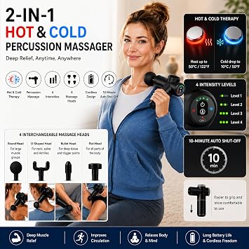 Carepeutic Handheld Percussion Massager with Heat/Cold, 4 Massage Nodes | Percussion Massager with Heat & Cold, Deep Tissue Massage Gun, 4 Heads, Muscle Workout and Relaxation Massager