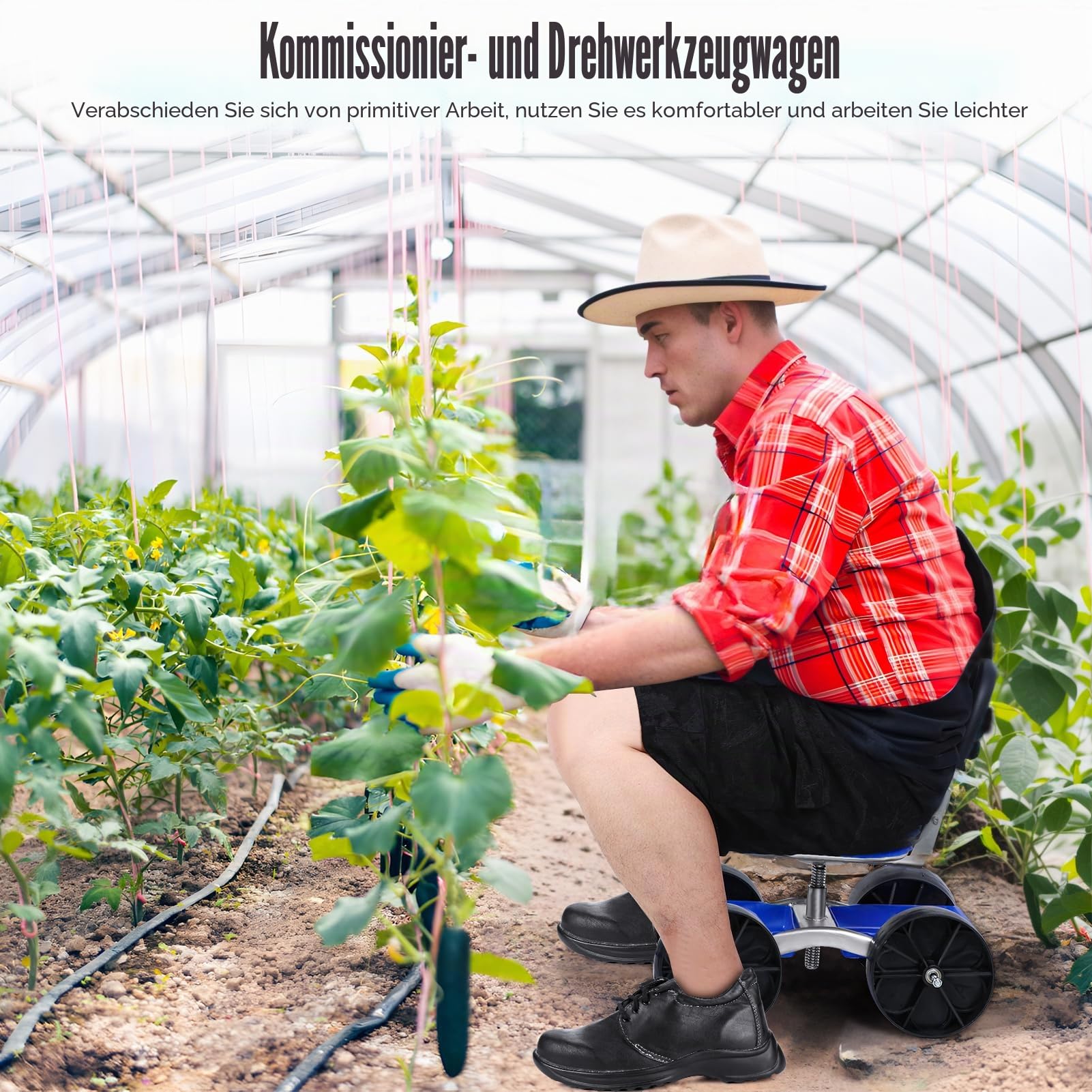 Gartenhocker mit Rollen, Rollsitz für Gartenarbeit, höhenverstellbar, 360° drehbarer, rollbarer Gartensitz mit Ablage, mobiler Arbeitshocker für Haushalt und Garten