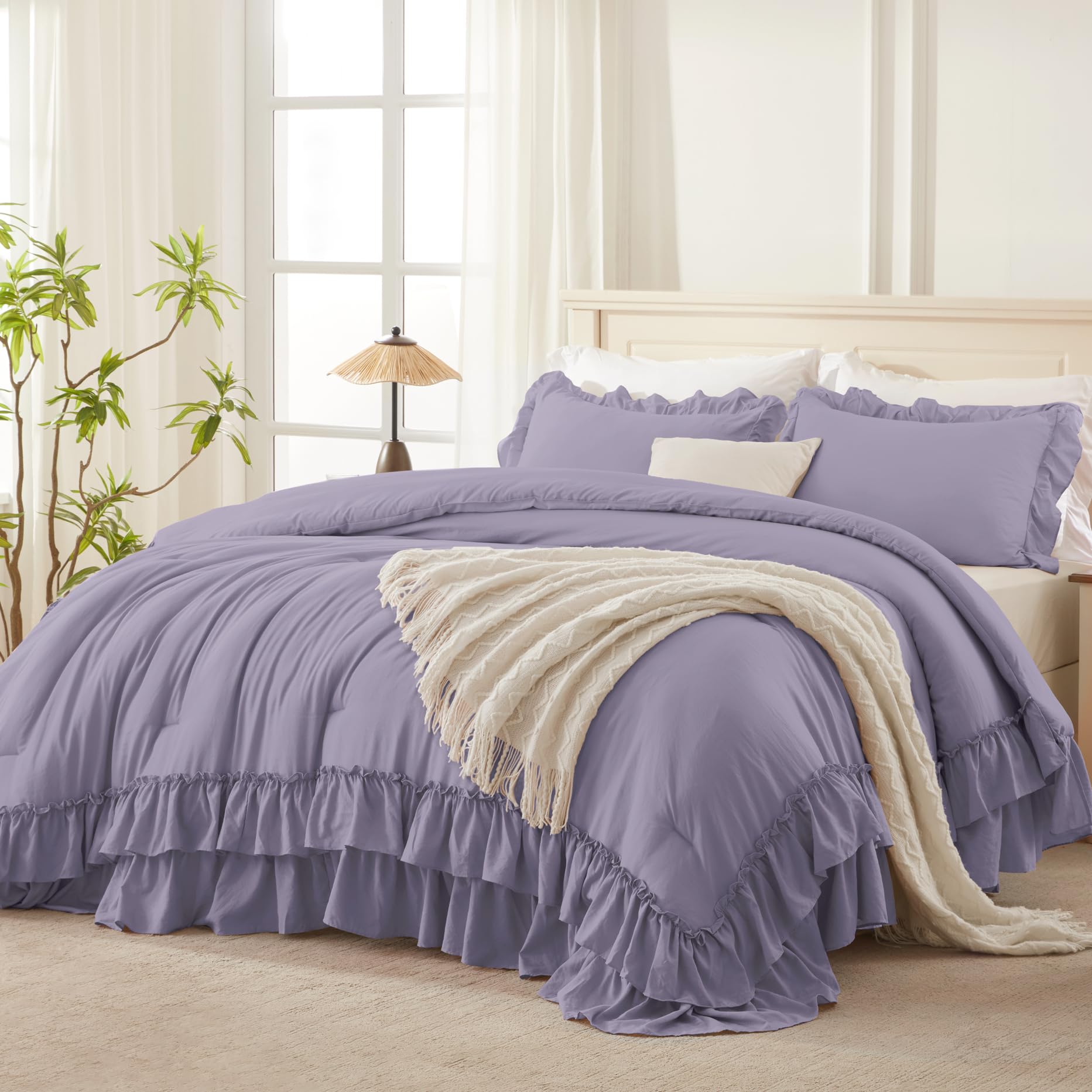 Andency Grayish Purple Ruffle Comforter Set King, Shabby Chic Farmhouse Bedding Comforter, Soft Lightweight Fluffy Polyester Bet Set All Season 3