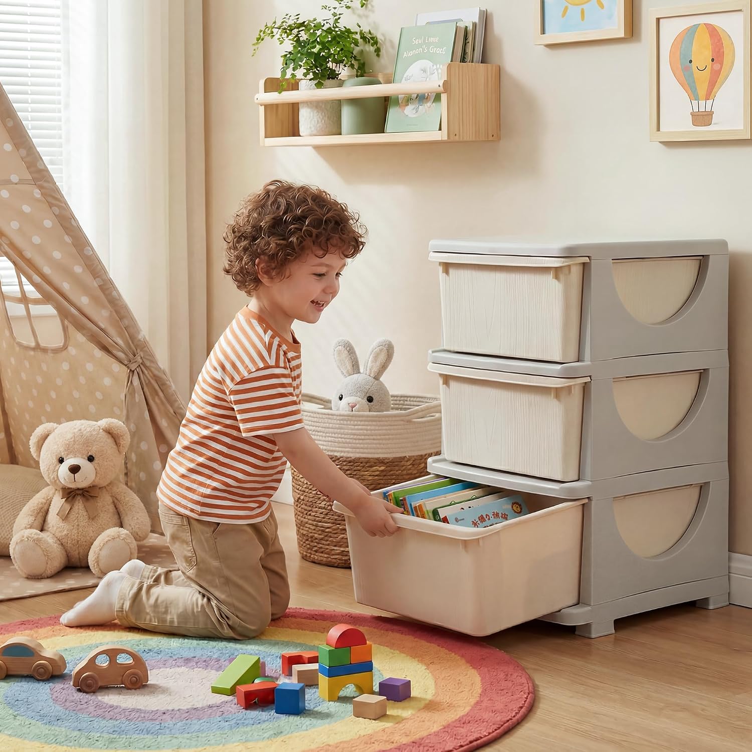 Takywep 3-Tier Storage Cabinet with 3 Drawers, 22 in Toy & Book Organizer