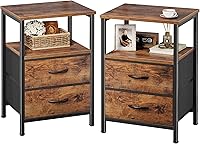 Huuuger Nightstand Set of 2 with 2 Fabric Drawers, Open Shelf & Wooden Top - Rustic Brown Bedside End Table for Bedroom