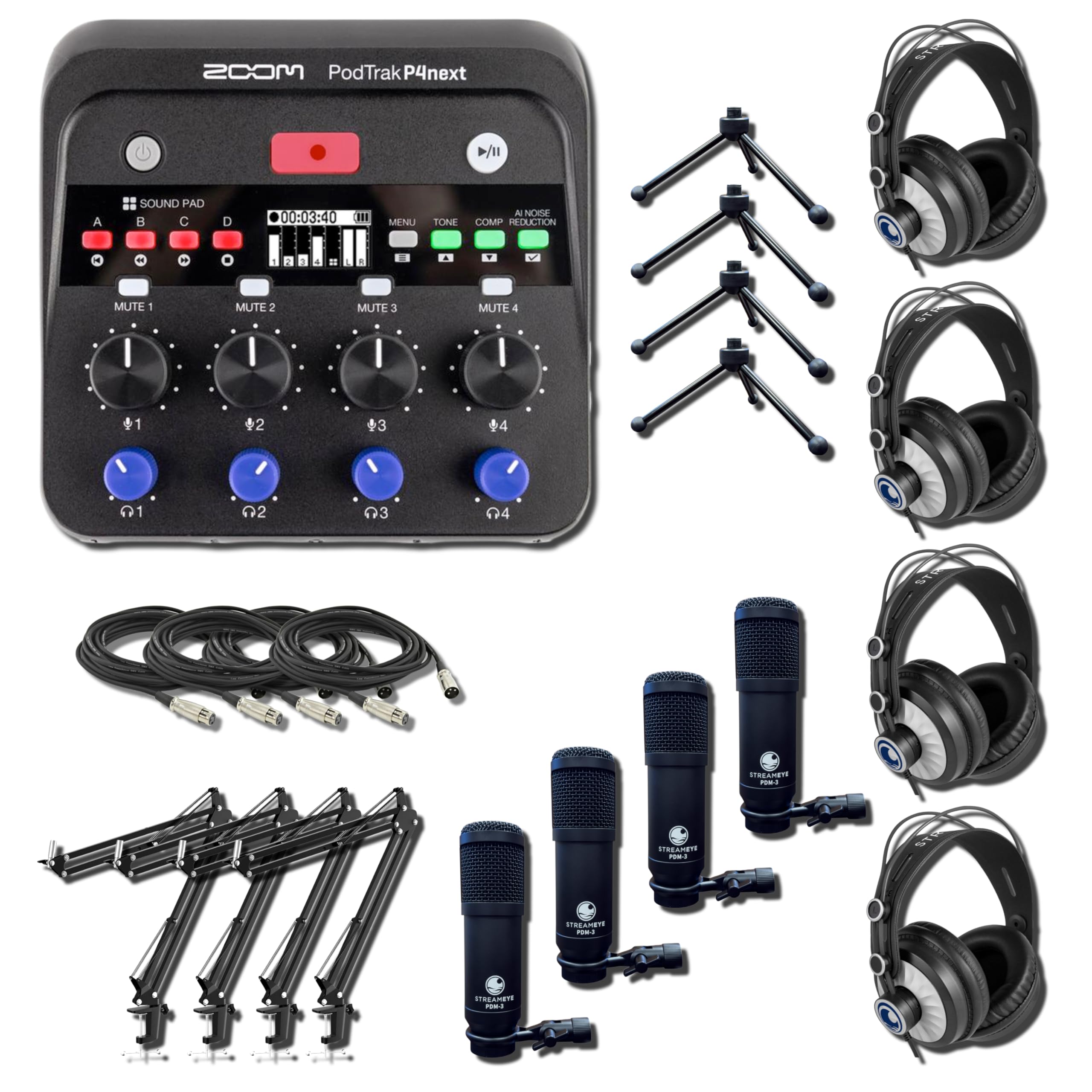Zoom PodTrak P4next Audio Interface with 4x StreamEye PDM-3 Podcast Equipment Bundles and 4x Adjustable Microphone Boom Arms