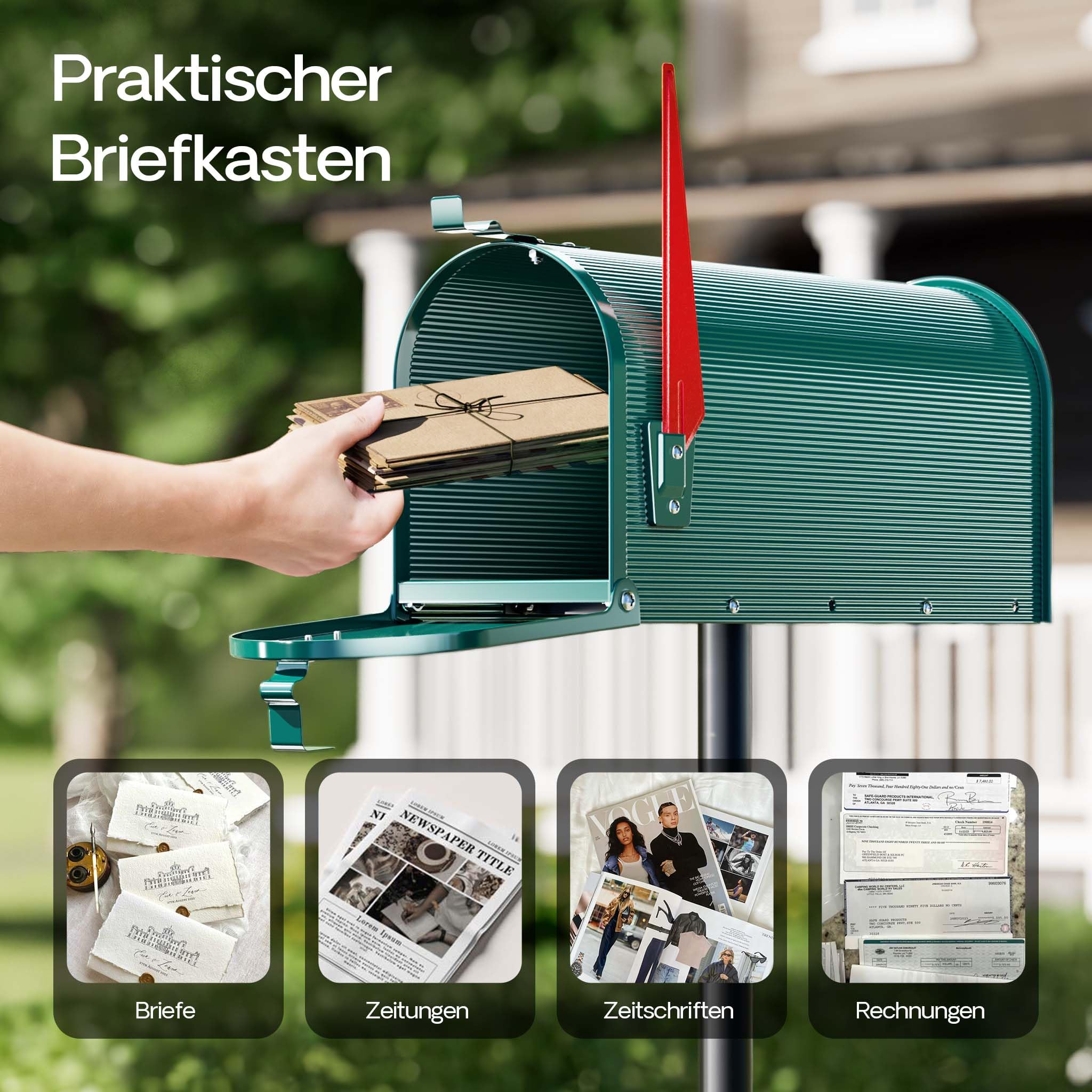 Wiltec US Mailbox grün 150 x 513 x 223 mm, amerikanischer Briefkasten mit Fahne, Wandbriefkasten oder Standbriefkasten Stahl amerikanisches Design