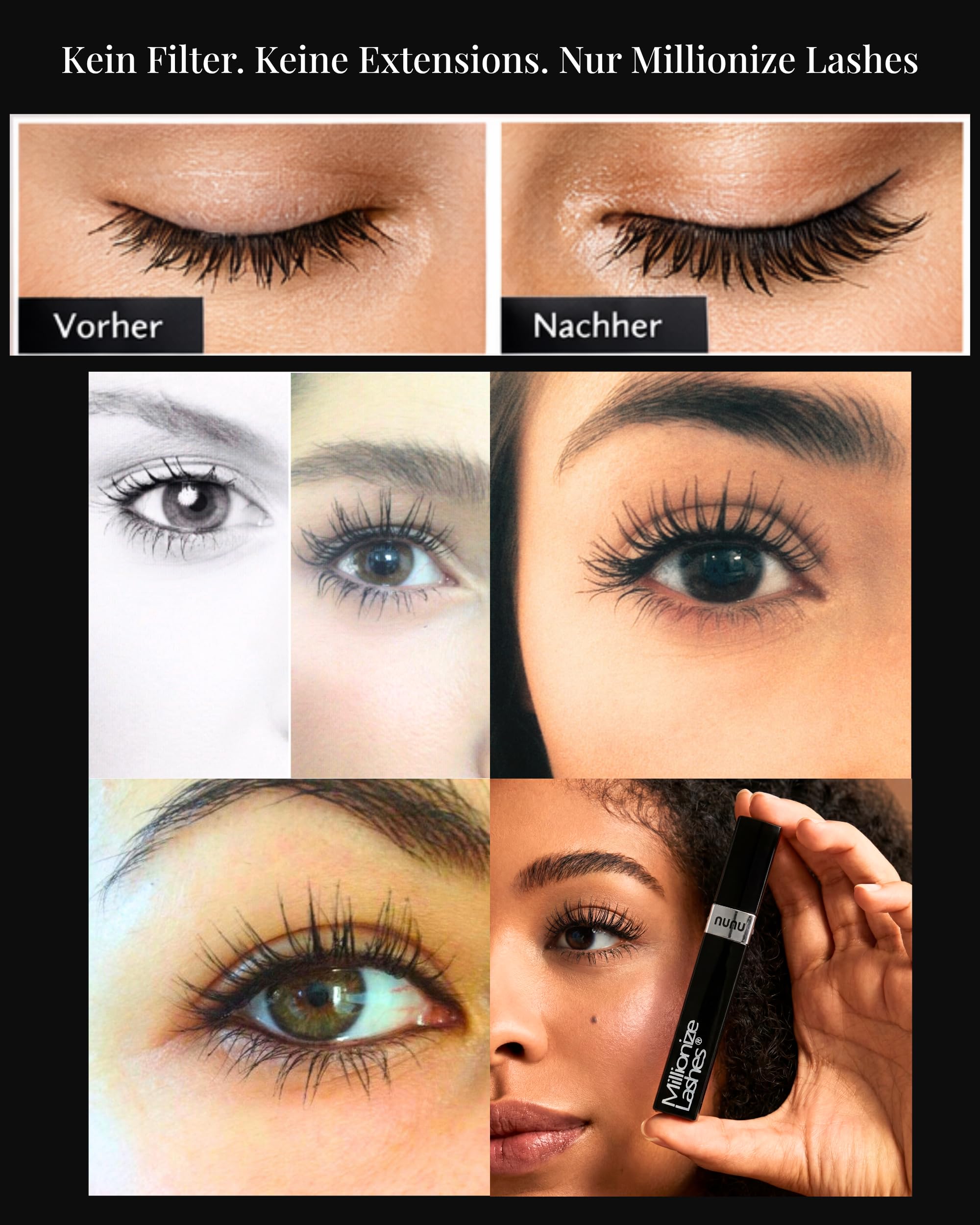 Millionize Lashes Wimpernserum & Augenbrauenserum 2in1 Lash Serum by Nunu | Bewährt in Kosmetikstudios & Parfümerien seit über 10 Jahren. Made in Germany. Eyelash Serum & Brow Serum