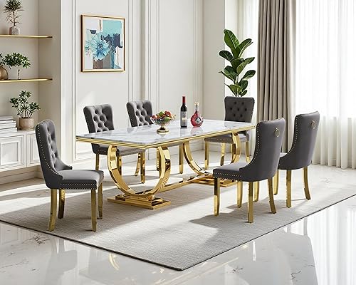 Miniatura 35 de Juego de mesa de comedor de mármol sintético, 7 piezas, juego de mesa de cocina y comedor para 6, mesa de comedor rectangular blanca de 70 pulgadas