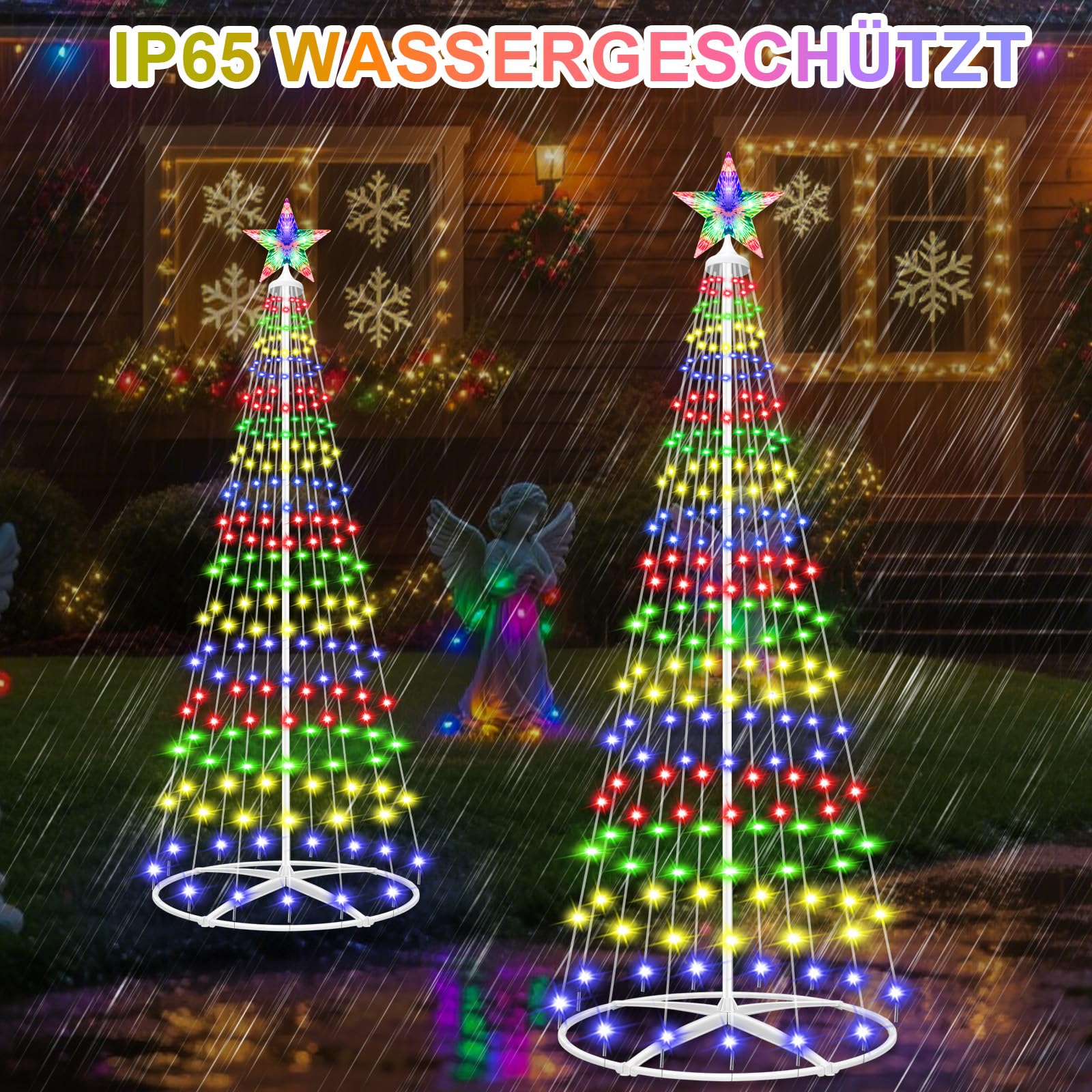 Weihnachtsbaum Metall Groß Kegelform 1.5m 204LED Mehrfarbig&Warmweiß Weihnachtsbaum Außen mit 11 Modi Fernbedienung &Timer, IP65 Wasserdichter Beleuchteter Baum Innen und Outdoor Weihnachtsdekoration