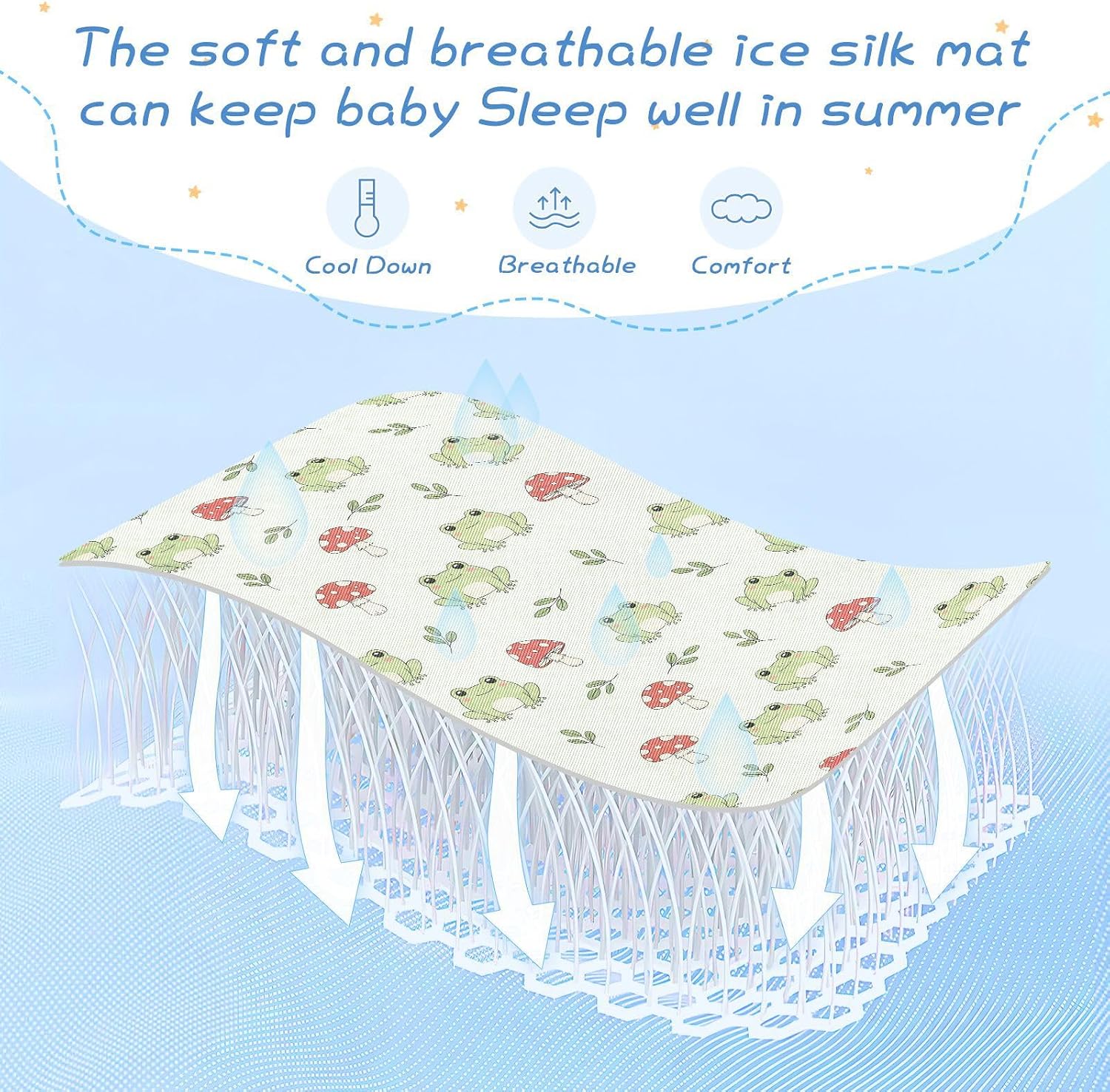 Baby Cooling Mat Frogs Mushrooms Ice Silk Breathable Mesh Summer Crib Mattress Pad with Pillowcase, Soft Cooling Sleeping Surface for Infant & Toddler, 52"x28"