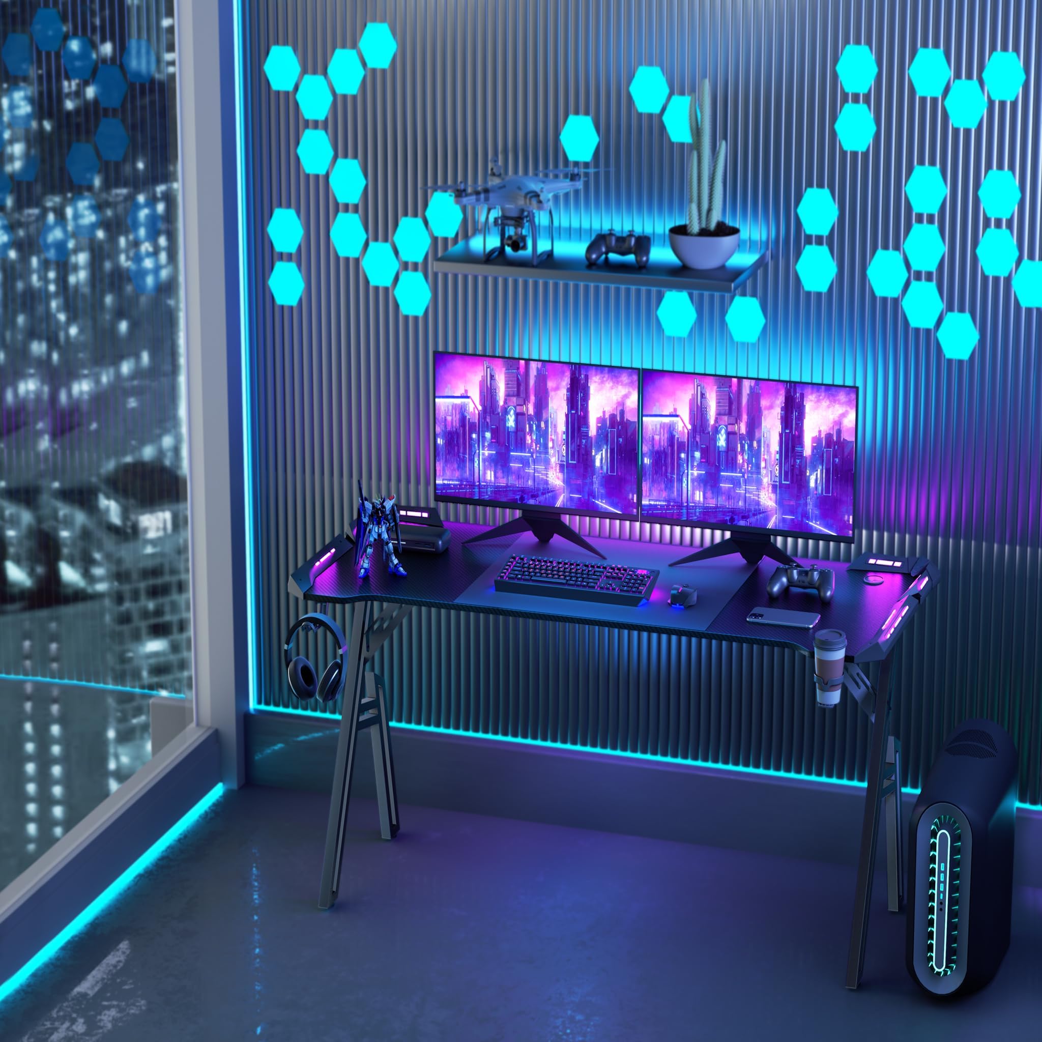 ACXIN Gaming Tisch – Gamer Schreibtisch 140 x 60cm, A-förmiges Design, RGB LED-Beleuchtung, Kohlefaseroberfläche, Ergonomischer Eckschreibtisch mit Getränkehalter und Kopfhörerhaken