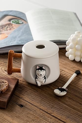 Miniatura 32 de DIHOclub Taza de café de cerámica con tapa y cuchara a juego, taza con diseño de husky 3D para jugo de té, leche y chocolate, bonita taza