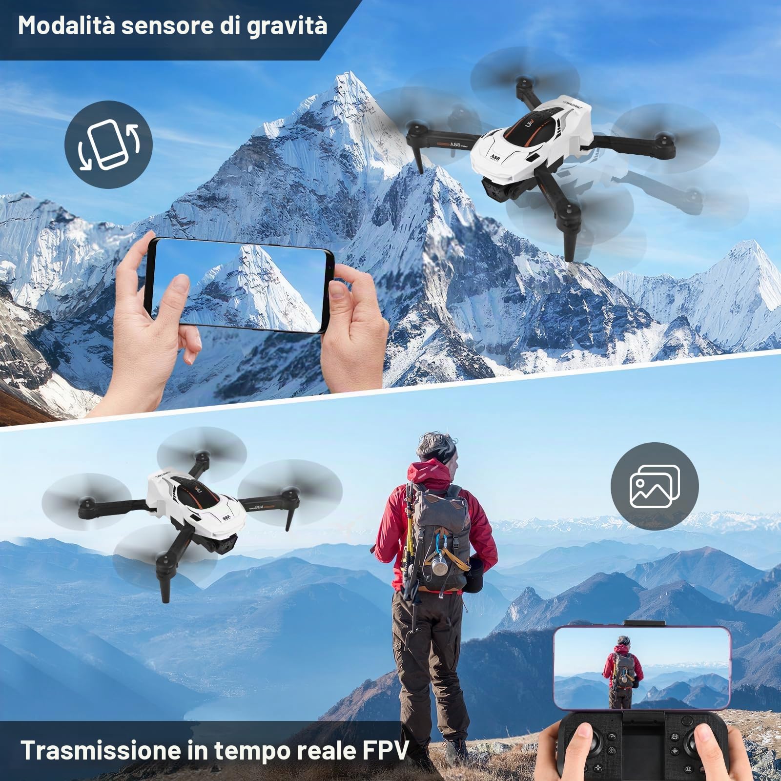 A88 Mini Drone per Bambini con Telecamera 1080P HD FPV con Mantenimento Dell'altitudine, Droni Quadricottero RC con Luci LED e 2 Batterie, Giocattolo Regalo per Ragazzi e Ragazze (Weiß)