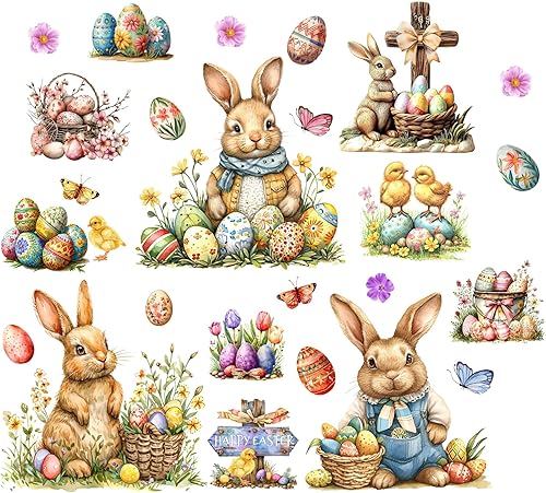 Miniatura 9 de Pegatinas de pared de huevo de Pascua, calcomanías de pared extraíbles de conejo de Pascua, divertidas calcomanías de pared de ramas de árbol de