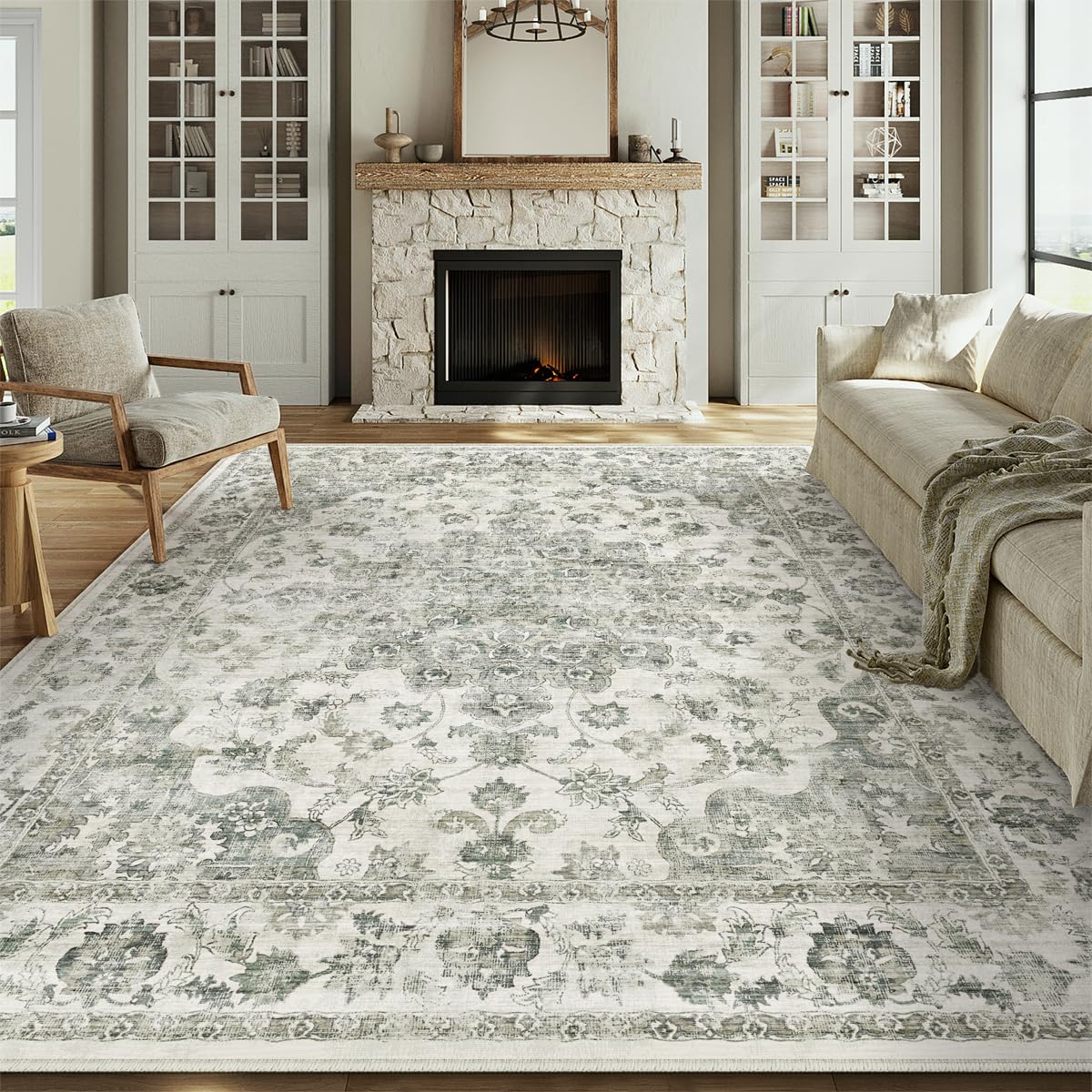 WondRg 8x10 Washable Neutral Area Rug Green Vintage Living Room Bedroom Carpet Non-Slip Soft Low Pile Floral Indoor Large Throw Rug for Dining Room